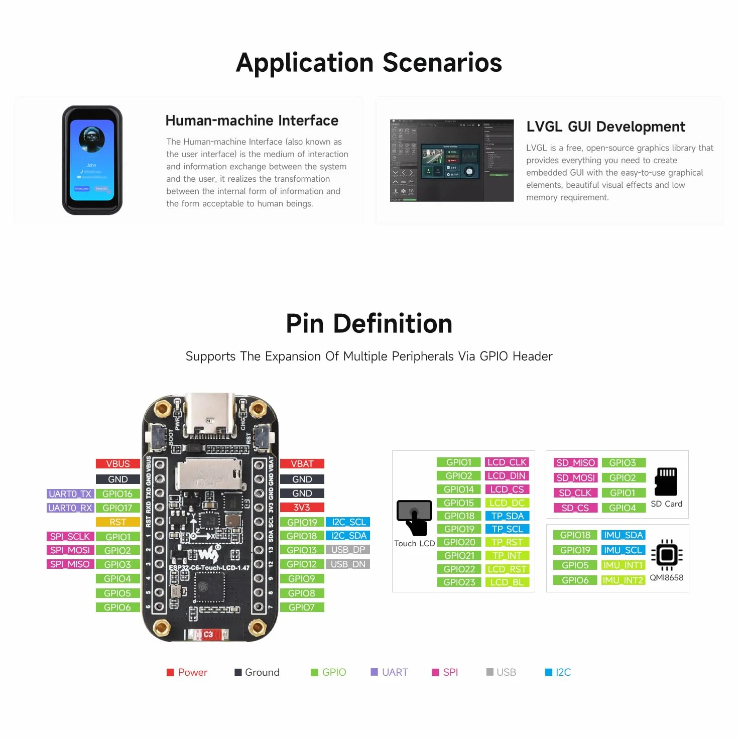 Waveshare ESP32-C6 1.47inch Touch Display Development Board, 172x320 Resolution, 262K Color, WiFi 6, BLE 5, RISC-V 160MHz