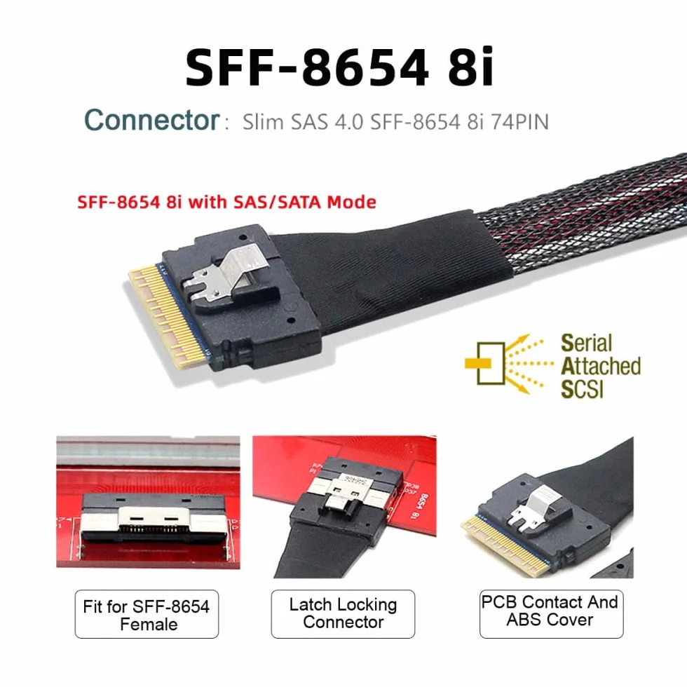 CY Cable Slimline SAS 4.0 SFF-8654 8i 74pin Host Raid do 8 SATA 7Pin Target HDD-Fanout Raid Kabel 1 do 8 rozdzielacz (100 cm)