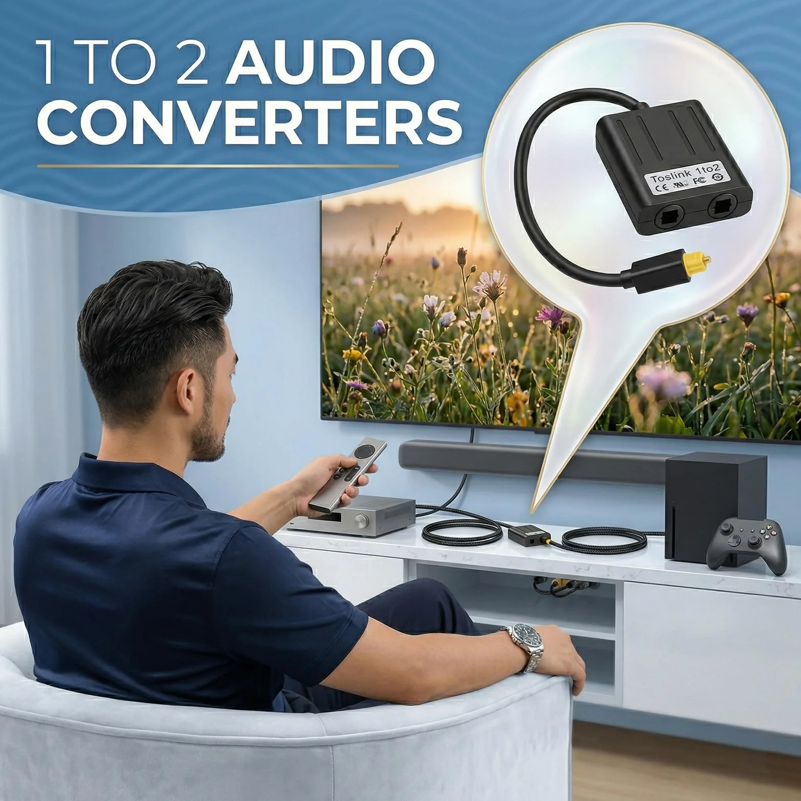 Toslink Splitter 1 w 2 Out optyczny rozdzielacz audio SPDIF rozdzielacz optyczny, kabel audio, adapter Toslink, rozdzielacz do TV, soundbar, odbiornika, DVD, Blu Ray, optyczny kabel audio, adapter