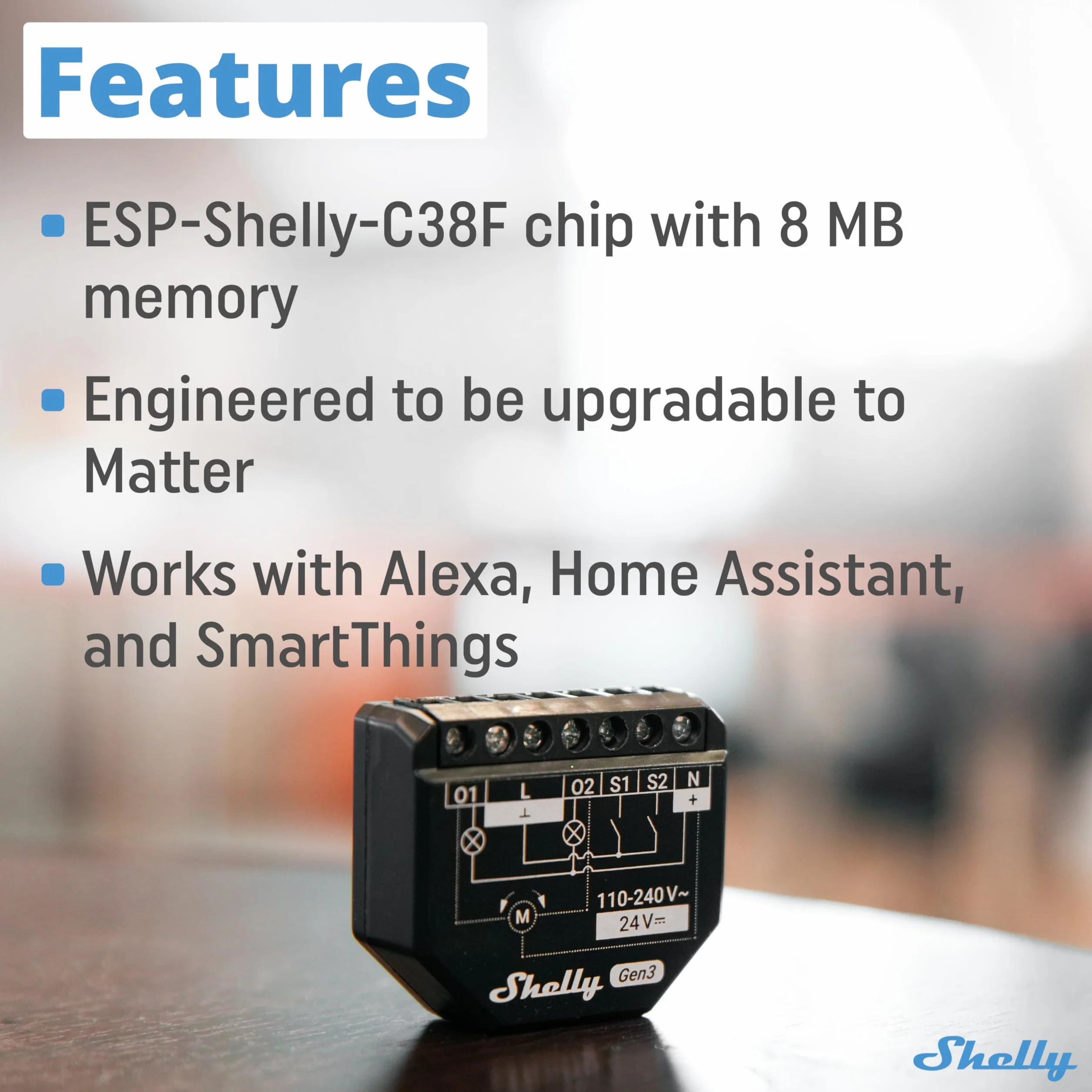 Shelly 2PM Gen3 -Połączony przełącznik rolet, 2-kanałowy, 16 A,Wi-Fi i Bluetooth,Wbudowany licznik zużycia, Zdalne sterowanie roletami, Chip ESP-Shelly-C38F, Alexa i Google Home, App, iOS, Android