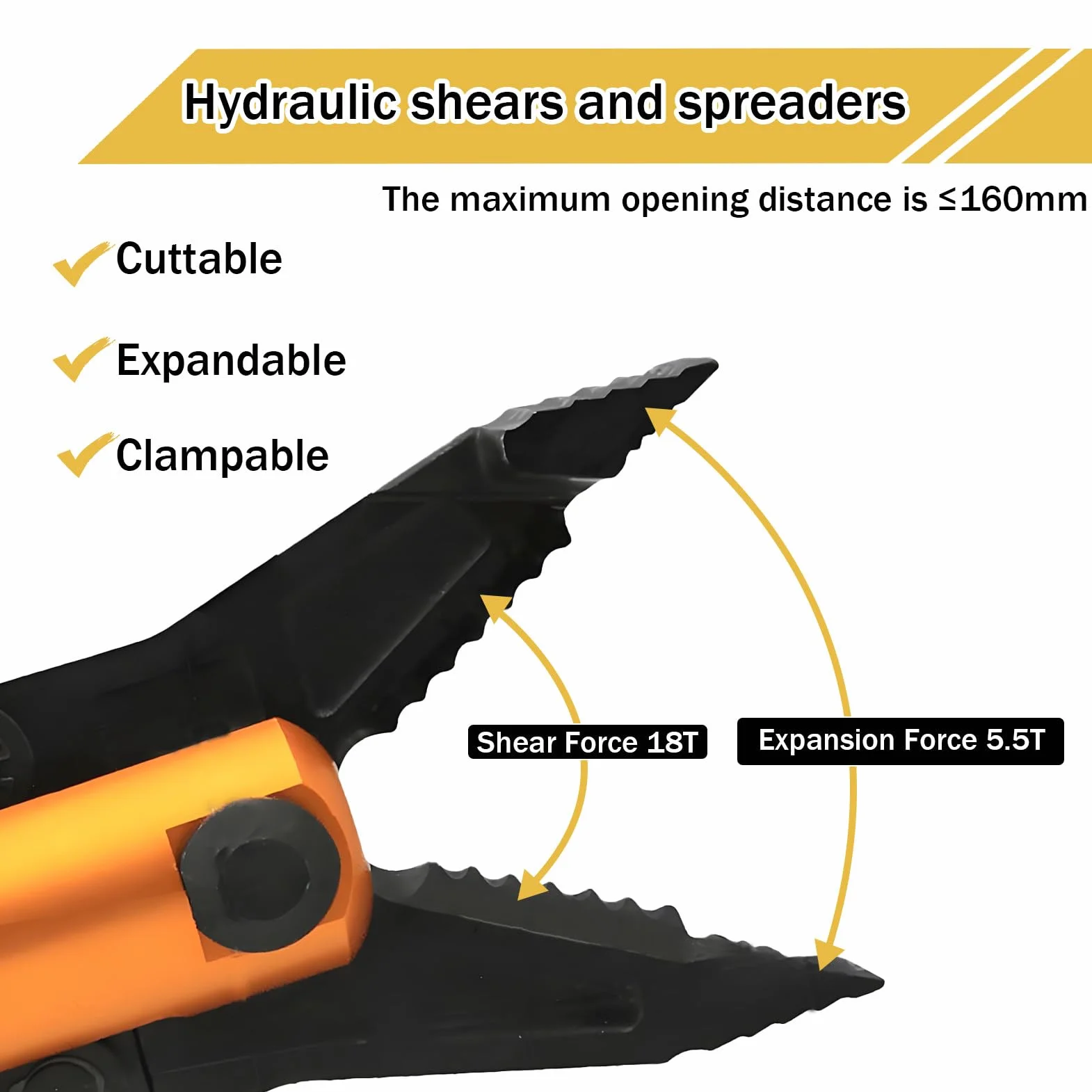Hydrauliczne szczypce rozpierające, wytrzymałe hydrauliczne szczypce rozpierające 18T, siła ścinania 18T i siła rozpierania 5,5T, maks. rozwarcie 160 mm/6,3 cala, do ratownictwa medycznego