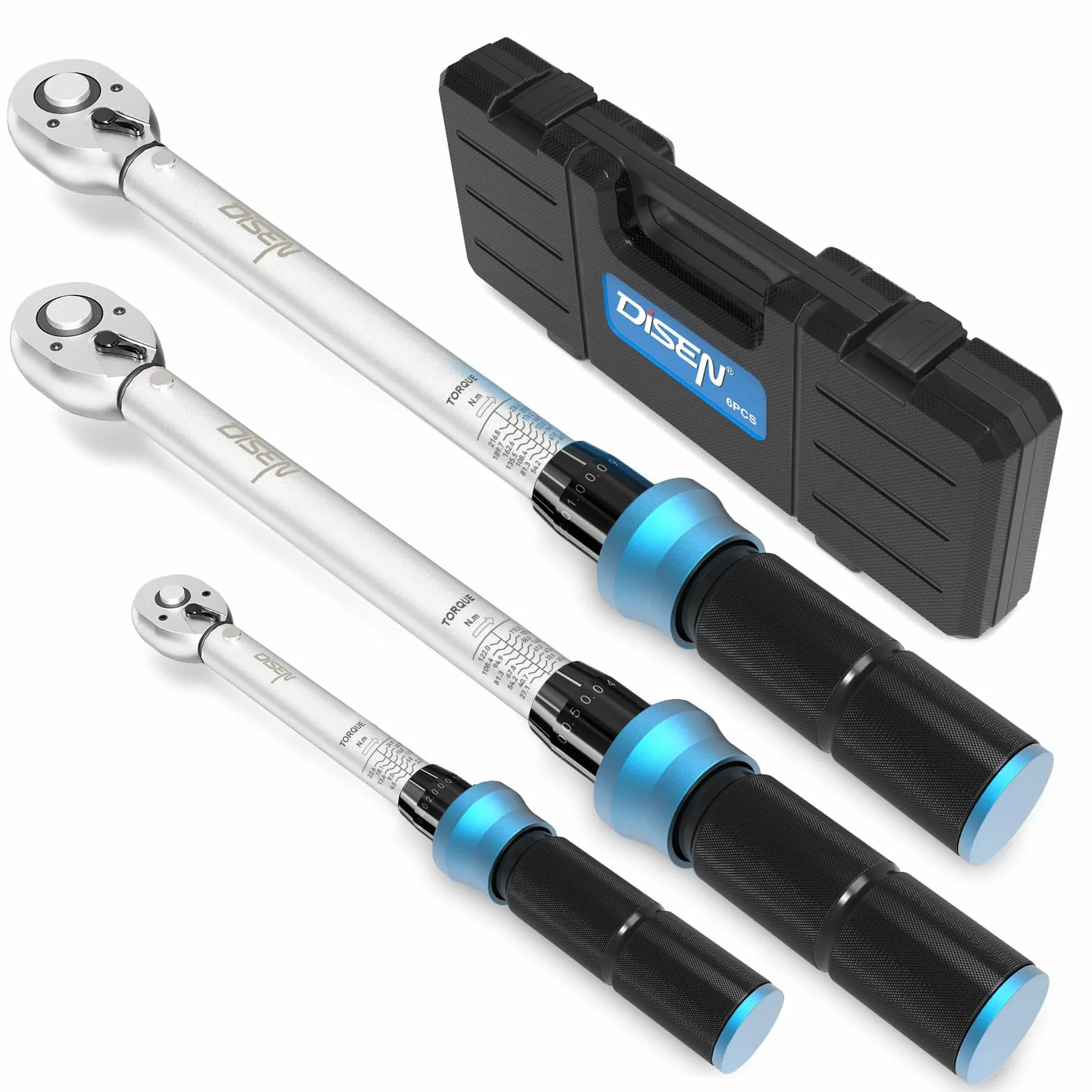 DISEN 3-częściowy zestaw kluczy dynamometrycznych – 1/2" 3/8" 1/4" – 40 – 230 Nm, 20-120 Nm, 2-24 Nm – dokładność błędu ±3% – 72 zęby z grzechotką dwustronną – do samochodu, motocykla, roweru