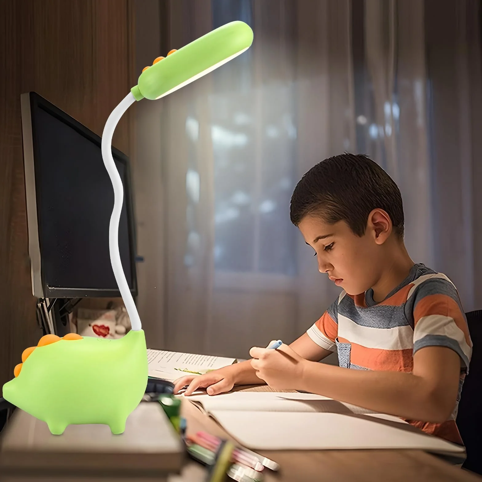 Dinozaur lampa biurkowa dla dzieci, chłopców, lampa biurkowa, ładowana przez USB, dotykowa, lampa biurkowa, ochrona oczu, do sypialni, lampka do czytania, prezent