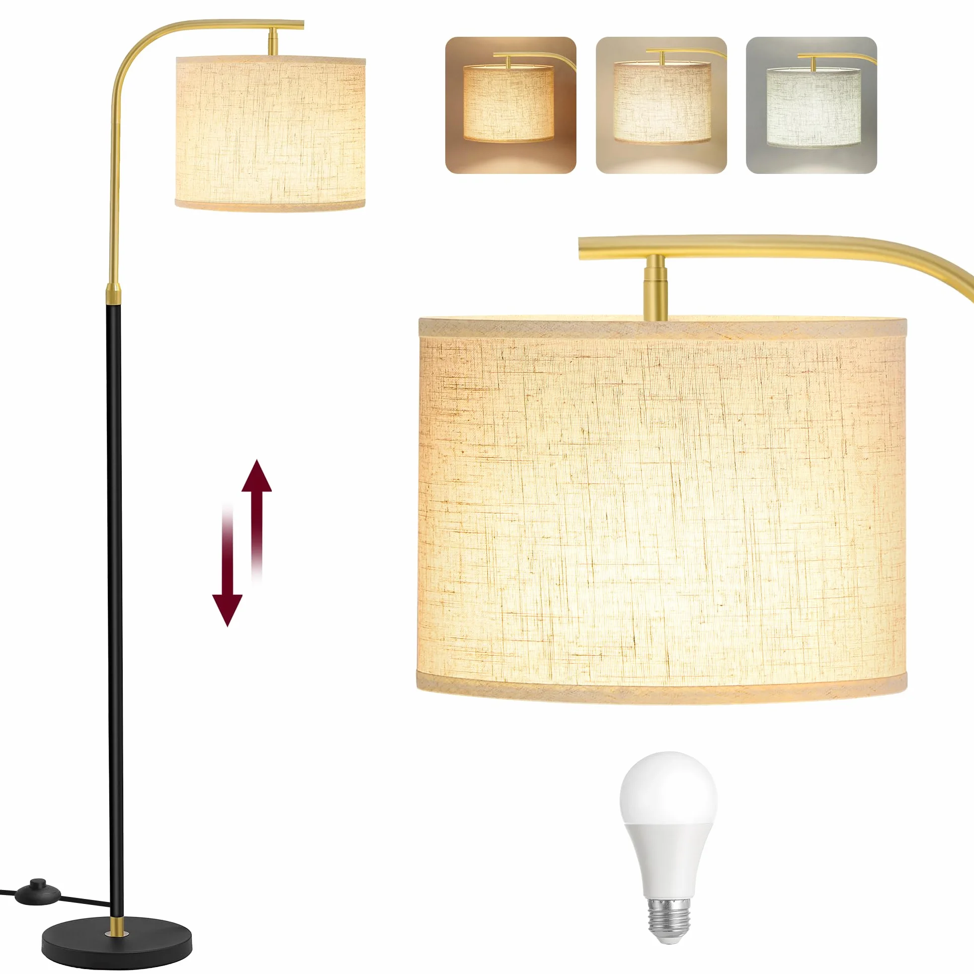 VASAGLE Lampa stojąca, lampa łukowa, lampa stojąca, lampka do czytania z regulacją wysokości, wysokość 150-175 cm, nowoczesna, z przyciskiem nożnym, abażur z tkaniny, oprawka E27, matowa czerń