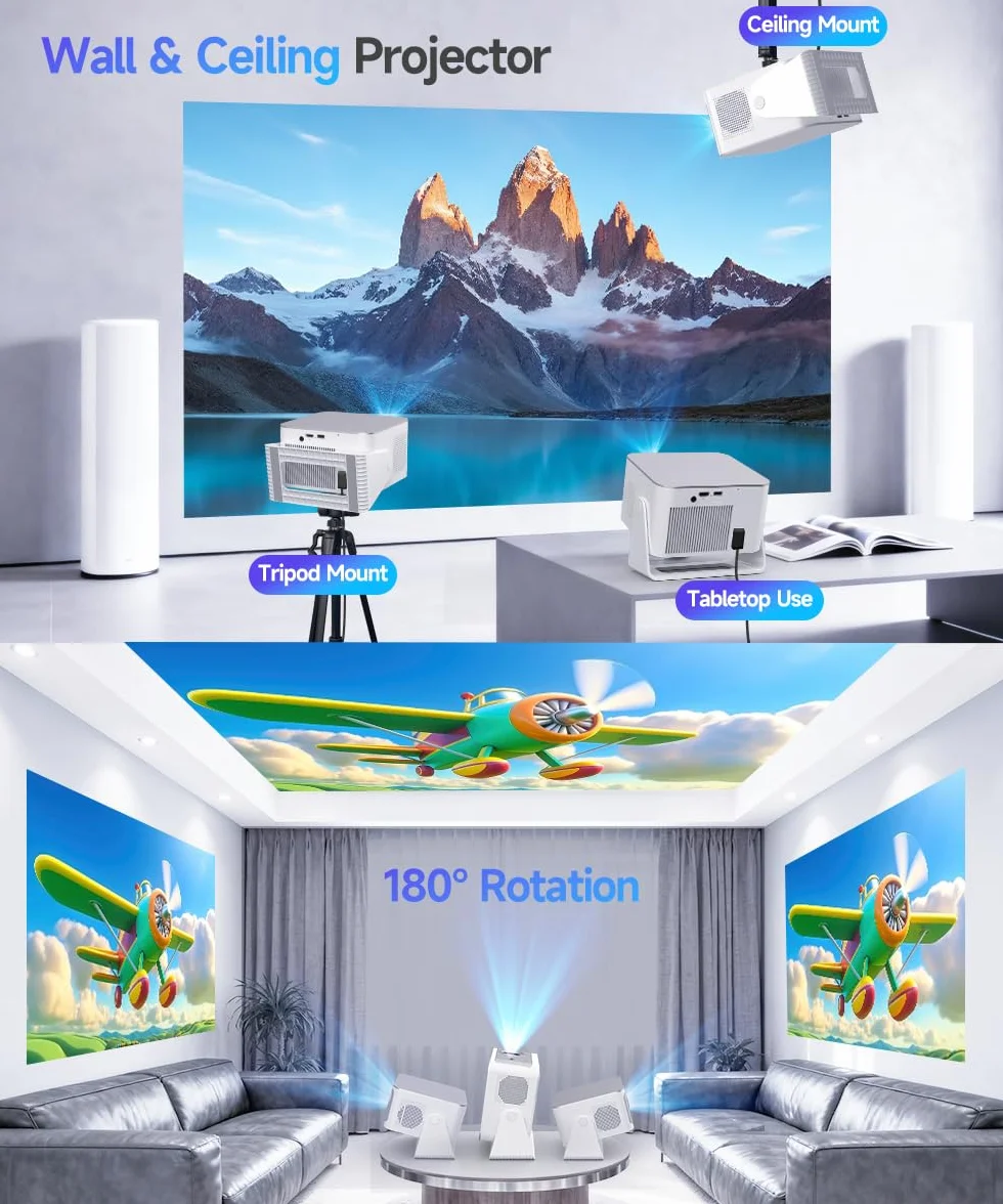 Alwtniet Mini projektor 4K 8K, obsługa Full HD 1080p, Smart Projector z systemem Android 14, WiFi 6 Bluetooth 5.4, autofokus, automatyczne ustawianie ostrości, 180°, małe kino domowe, ultrakrótki
