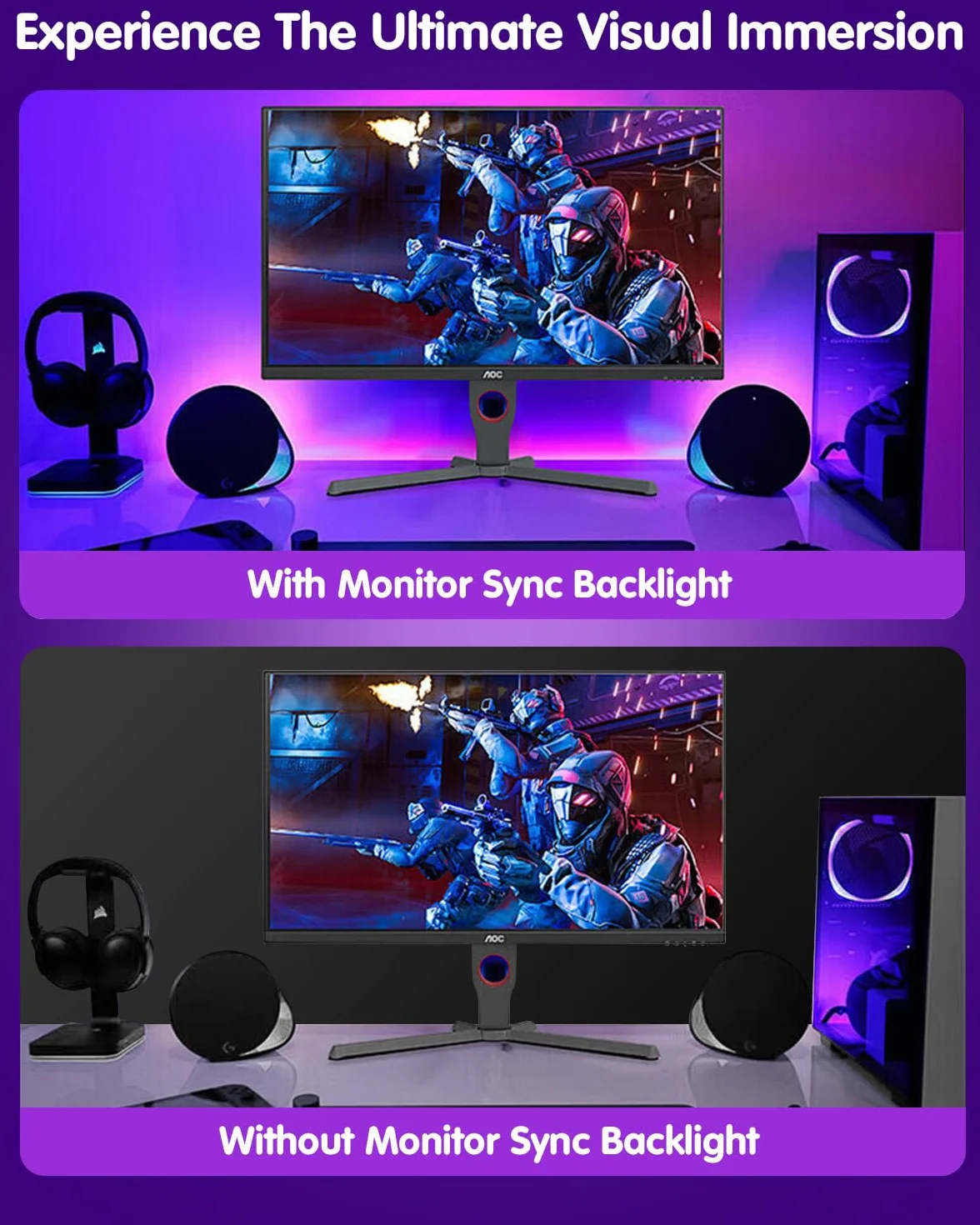 Imersyjne Podświetlenie Synchronizujące Monitora PC, 27 Cale Taśma LED Synchronizująca Ekran do Gier, Filmów i Muzyki, Zestaw Oświetlenia Ambientowego USB, Kompatybilny z Windows i Mac OS (4 Strony)