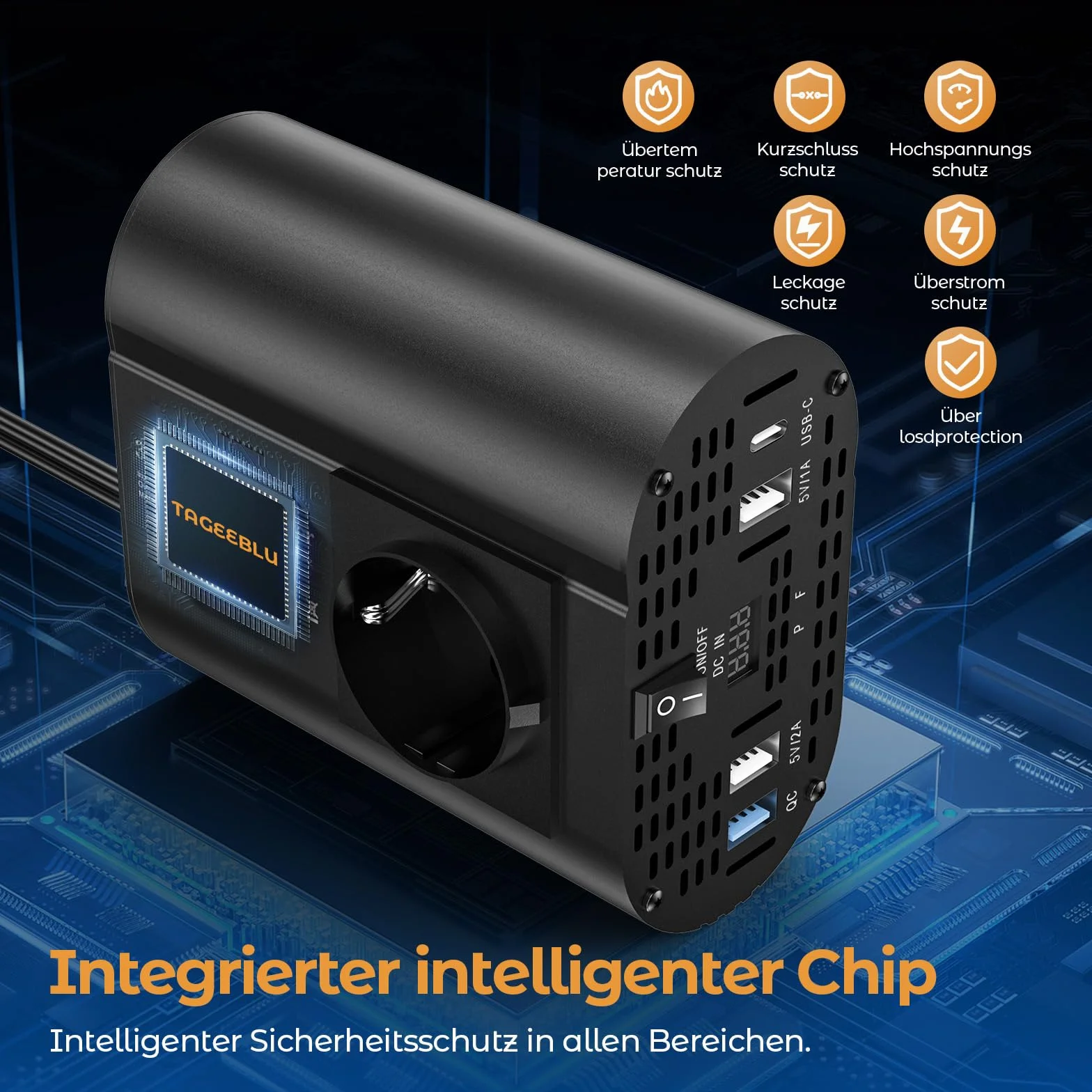 Konwerter 12V 220V 300W z 1 gniazdem Typ C 30W, 3 porty USB, wyświetlacz LED