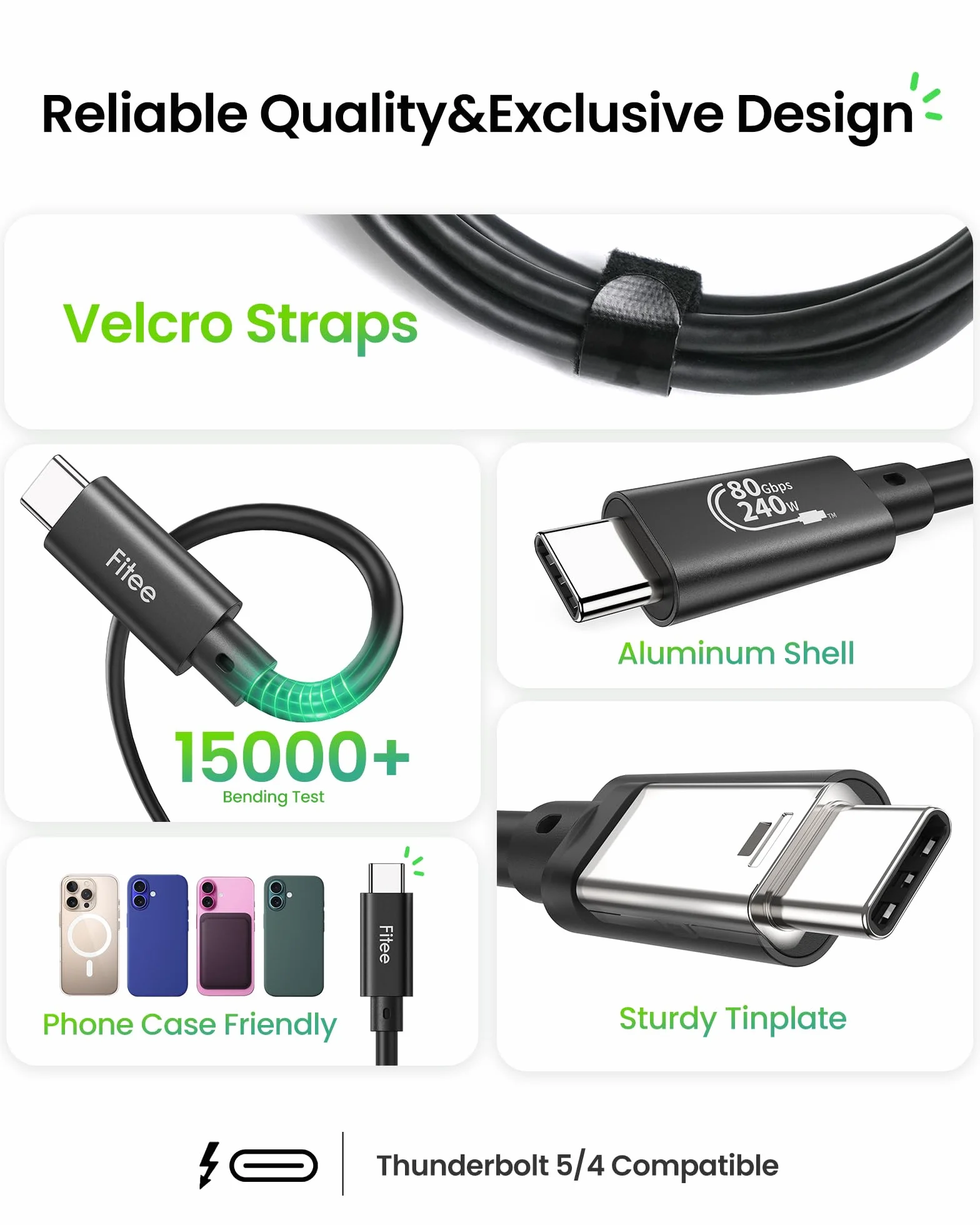 Fitee USB 80Gbps dla Kabel Thunderbolt 5 1M, do 120Gbps Jednokierunkowy, 4K@540Hz, Dual 8K/6K, PD3.1 240W, USB4 V2.0 kompatybilny z Thunderbolt 4/3, USB C, MacBook M4 Pro, PSSD, eGPU, Laptopem