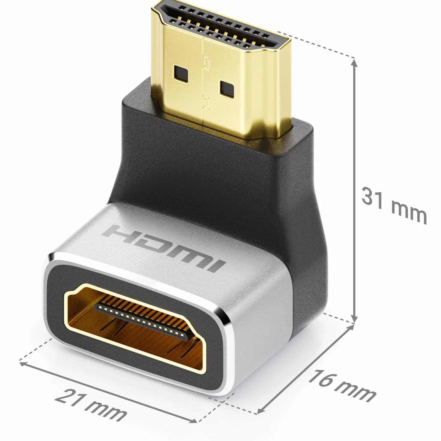 deleyCON Złącze Adaptera HDMI kąt 90° 8K@60Hz / 4K@120Hz UHD 7680x4320 Aluminium HDMI 2.1 ARC HDR10+ Dolby Vision VRR ALLM 48 Gb/s 90° pod Kątem Szary Czarny