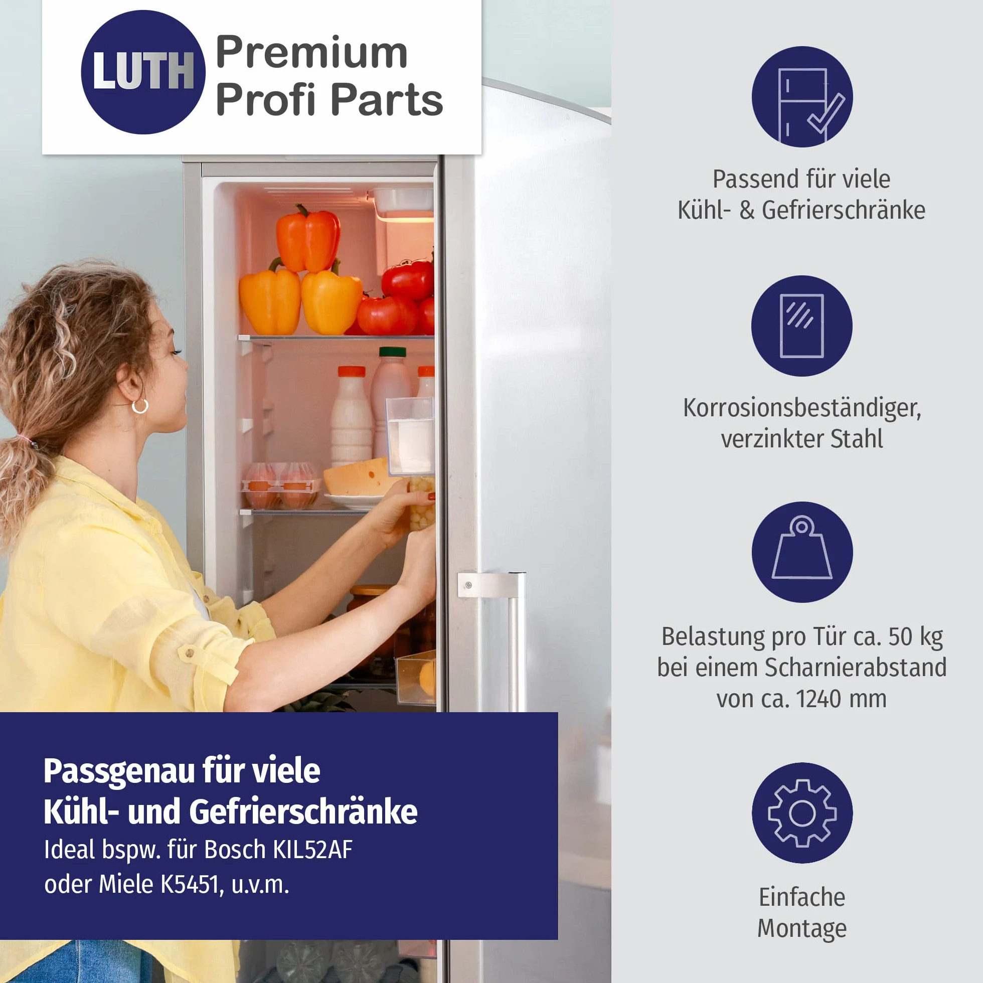 LUTH Premium Profi Parts Zawias drzwiowy zestaw zawiasów do lodówki, kompatybilny z Bosch Siemens Neff AEG Constructa Balay 00481147 481147