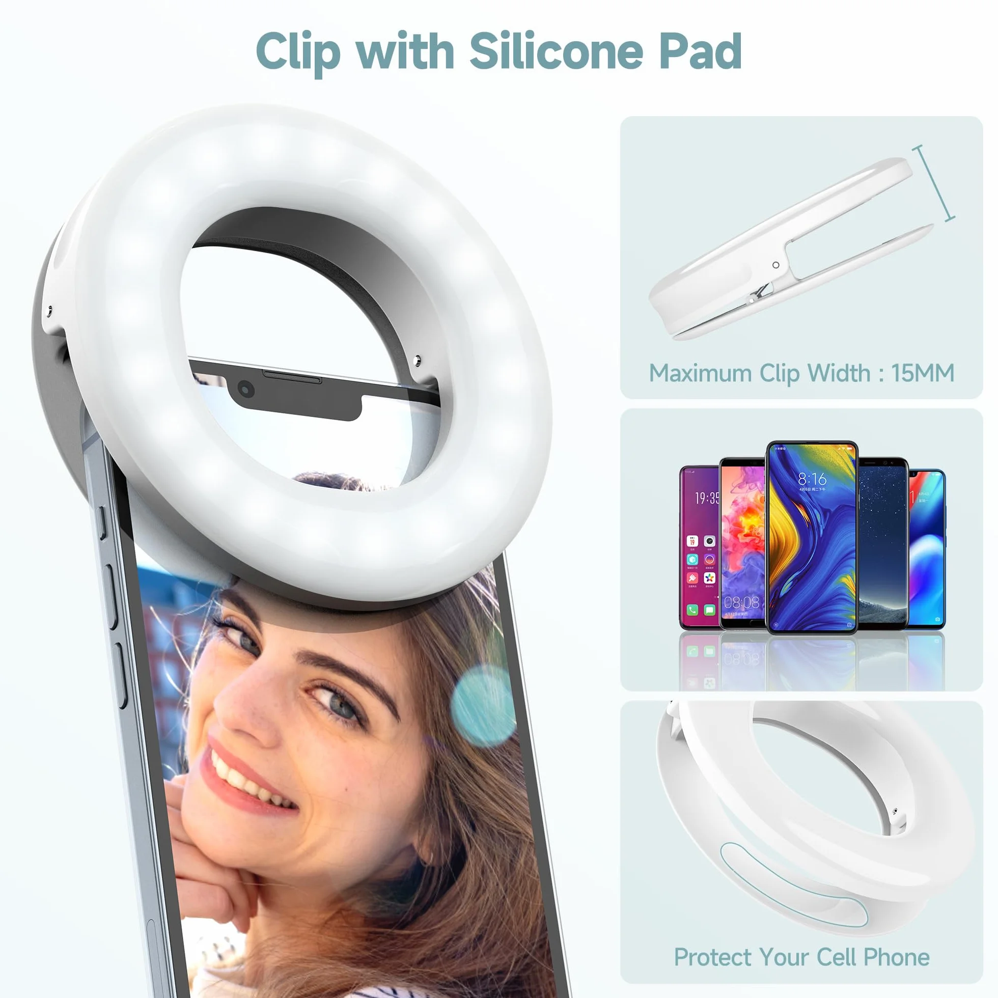 Selfie Ring Light, ładowalna, przypinana, 3-trybowa lampa pierścieniowa 48 LED do selfie, lampa pierścieniowa wideo do tabletów, laptopów, transmisji na żywo, TikTok, makijażu i wideokonferencji