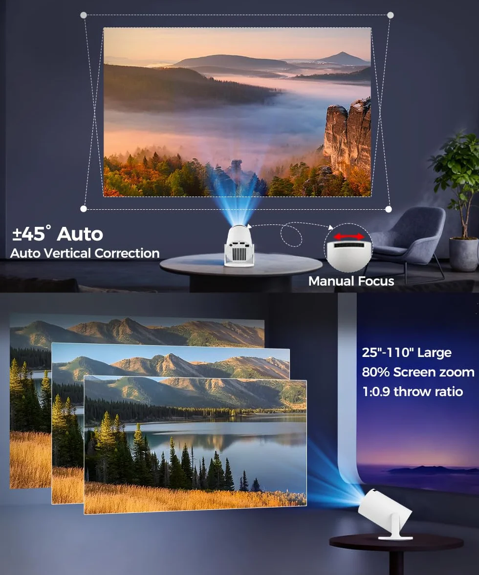 Mini Projektor 4K 5G WiFi 6 BT 5.4 Full HD 1080P 200ANSI Automatyczna Korekcja Trapezu Biały