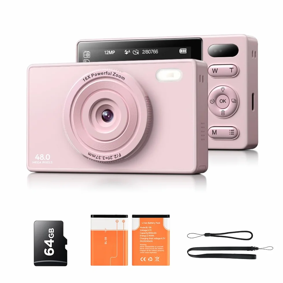 Aparat cyfrowy 64GB dla dzieci do fotografii: 16x zoom, kompaktowy aparat cyfrowy, stabilizator obrazu, 48 MP, aparat wideo do vlogowania, 2 ładowalne baterie, dla początkujących, dla dziewczynek i