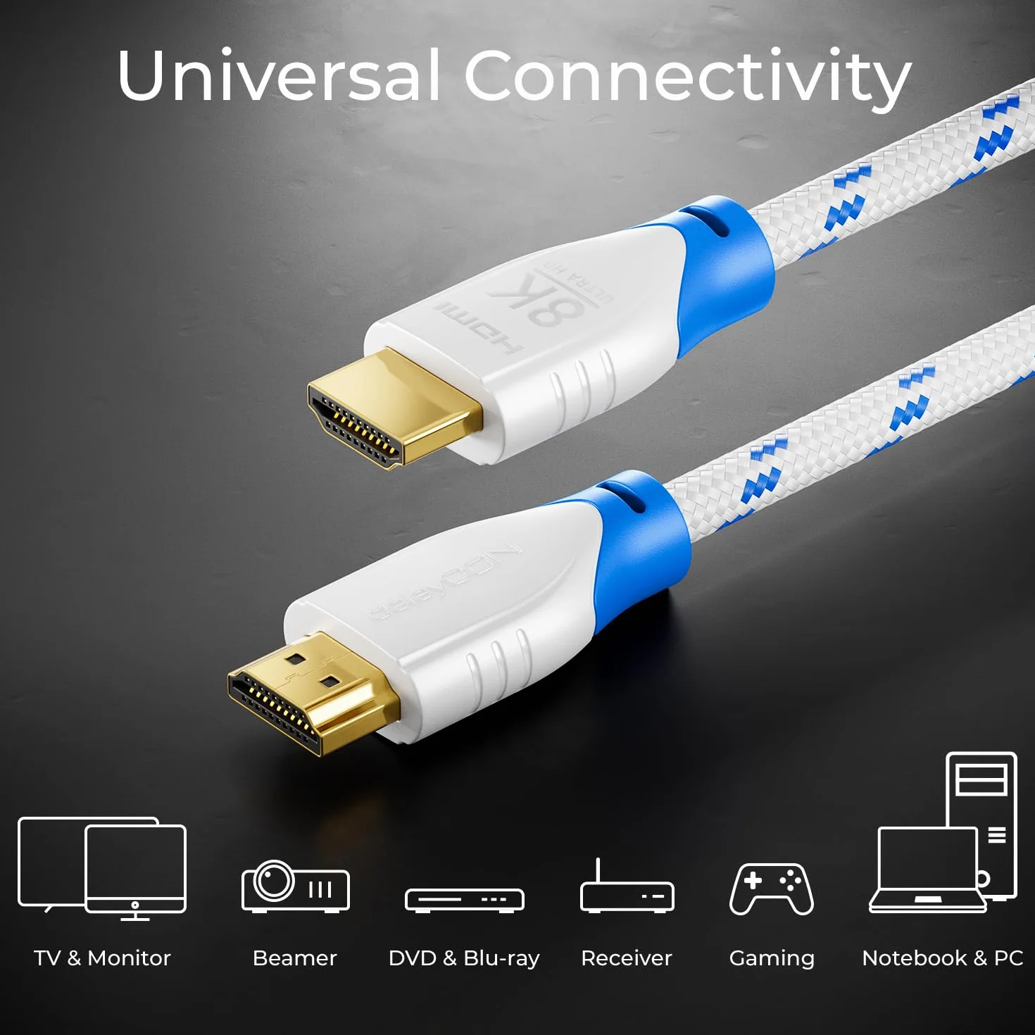 deleyCON 8K HDMI 2.1 Krótki Kabel 0,5m 48G ULTRA Highspeed 8K@60Hz 4K@120Hz Biały