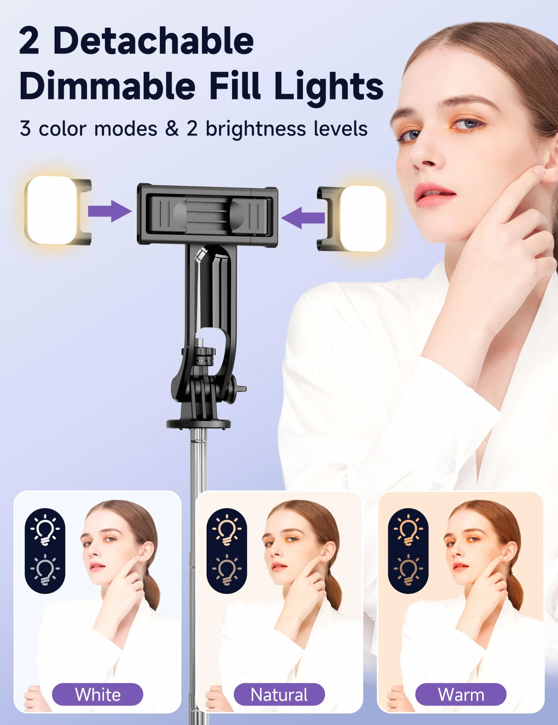 Selfie Stick 135CM z Lampkami Wypełniającymi, Uniwersalny Statyw do Telefonu z Pilotem