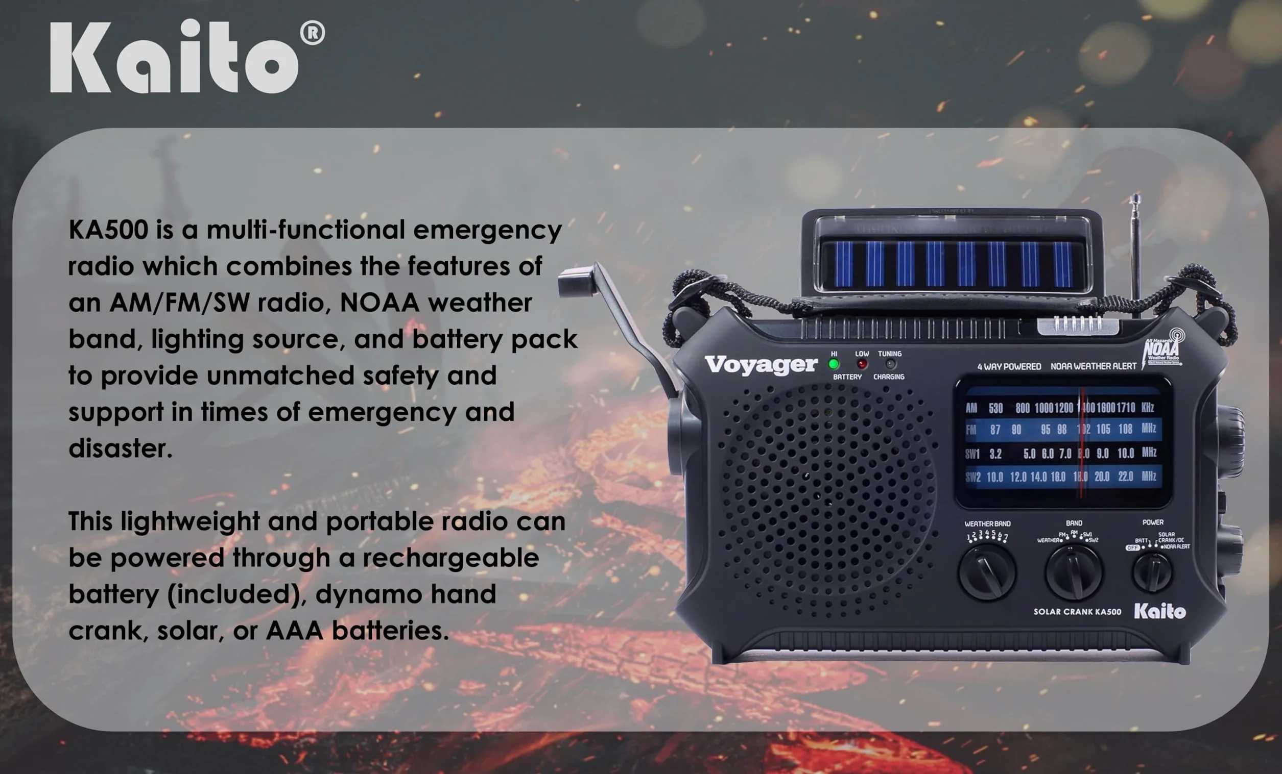 Kaito KA500 5-drożne zasilanie awaryjne AM/FM/SW NOAA radio z alarmem pogodowym z energią słoneczną, korbą dynamo, latarką i lampą do czytania, kolor czarny