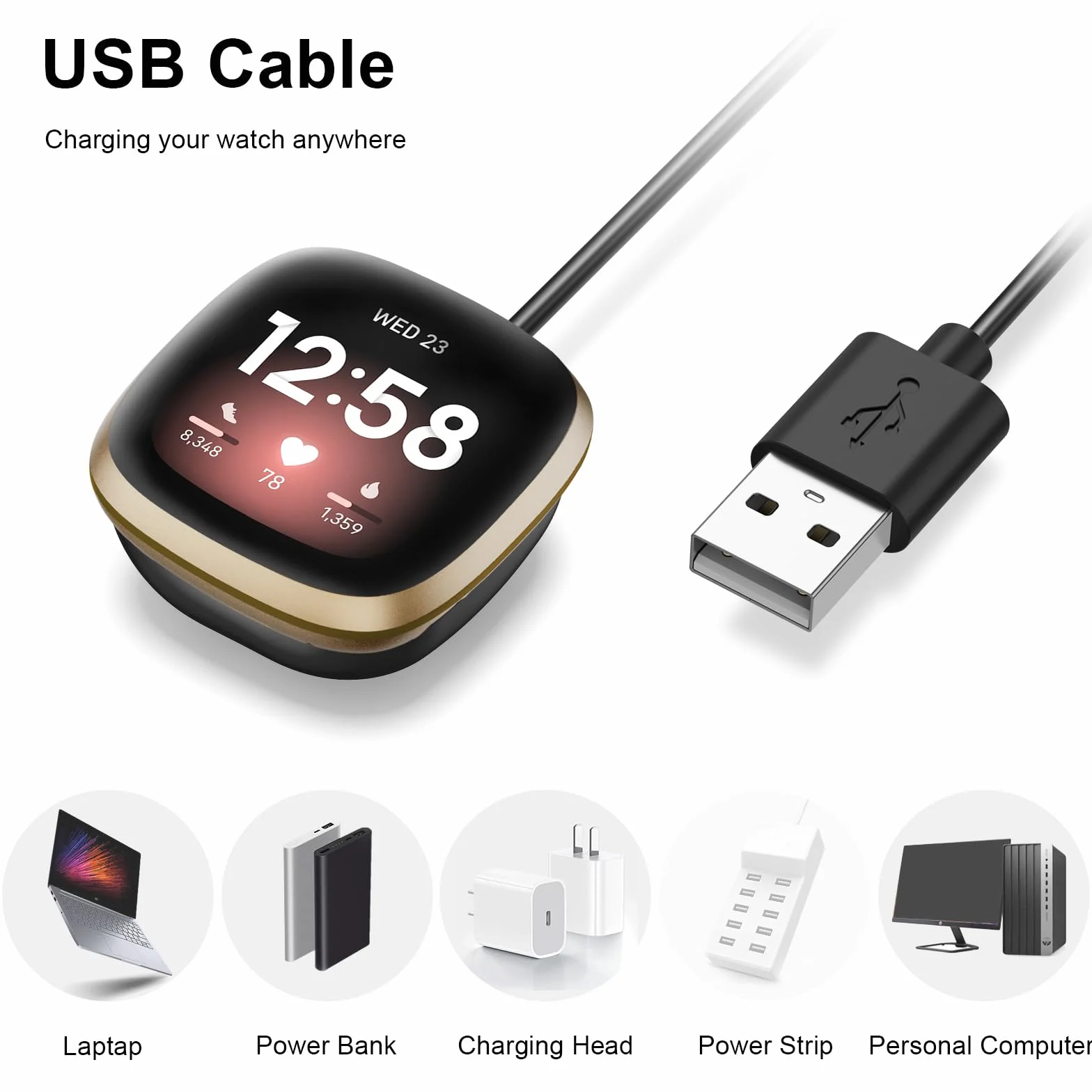 Kabel do ładowania Fitbit Versa 4 / Sense 2 / Versa 3 / Sense, 50 cm i 100 cm, USB stacja ładująca