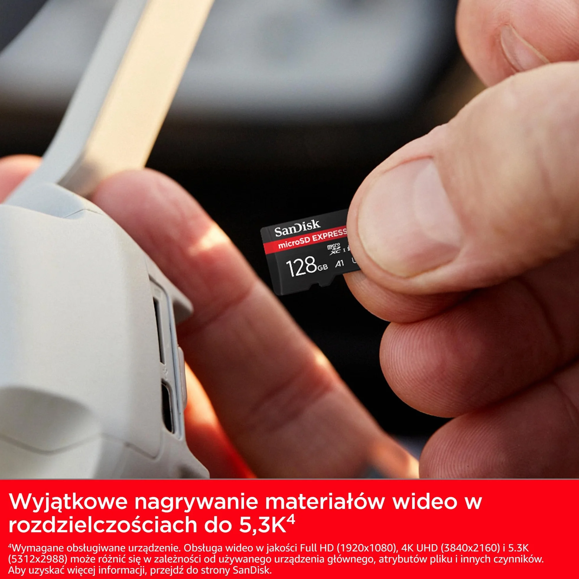 SanDisk MicroSD Express 128GB, karta mSD, prędkość odczytu do 880 MB/s, prędkość zapisu do 480 MB/s, stała prędkość zapisu 100 MB/s, technologia SanDisk QuickFlow, ThermAdapt, UHS-I, U3, C10