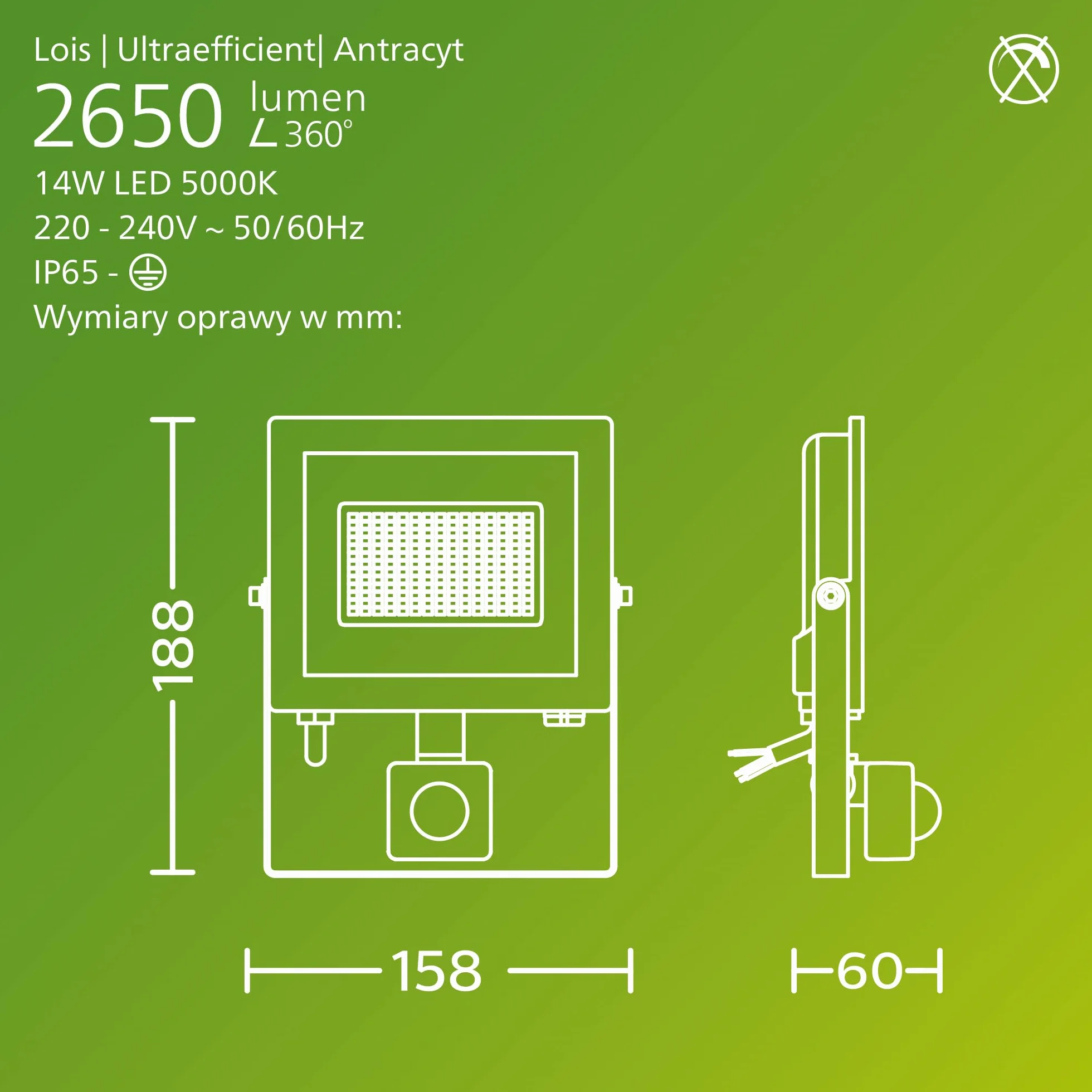 Philips Lois Zewnętrzna Lampa Floodlight z Czujnikiem, 14 W, 5000 K, Antracytowa