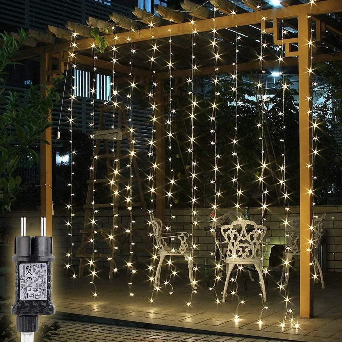 SALCAR Kurtyna świetlna LED na zewnątrz, 2 x 2 m, łańcuch świetlny, zasłona na Boże Narodzenie, do wnętrz, z 8 trybami pracy i pamięcią, oświetlenie bożonarodzeniowe do ogrodu,