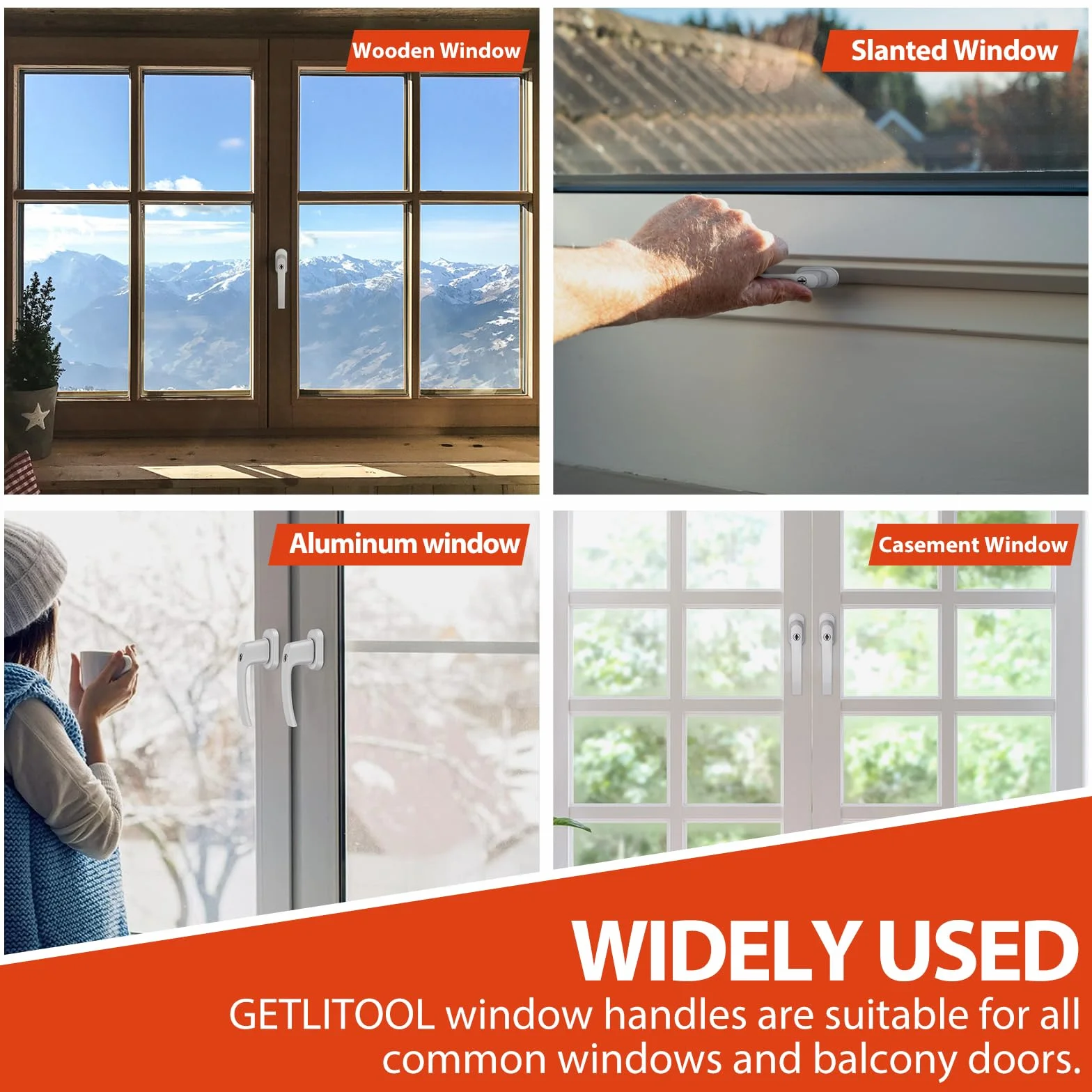 GETLITOOL 2 szt. Zamykany aluminiowy uchwyt do drzwi balkonowych Windows z 4 śrubami 4 szt. kluczy do okien, balkonów lub drzwi tarasowych, biały
