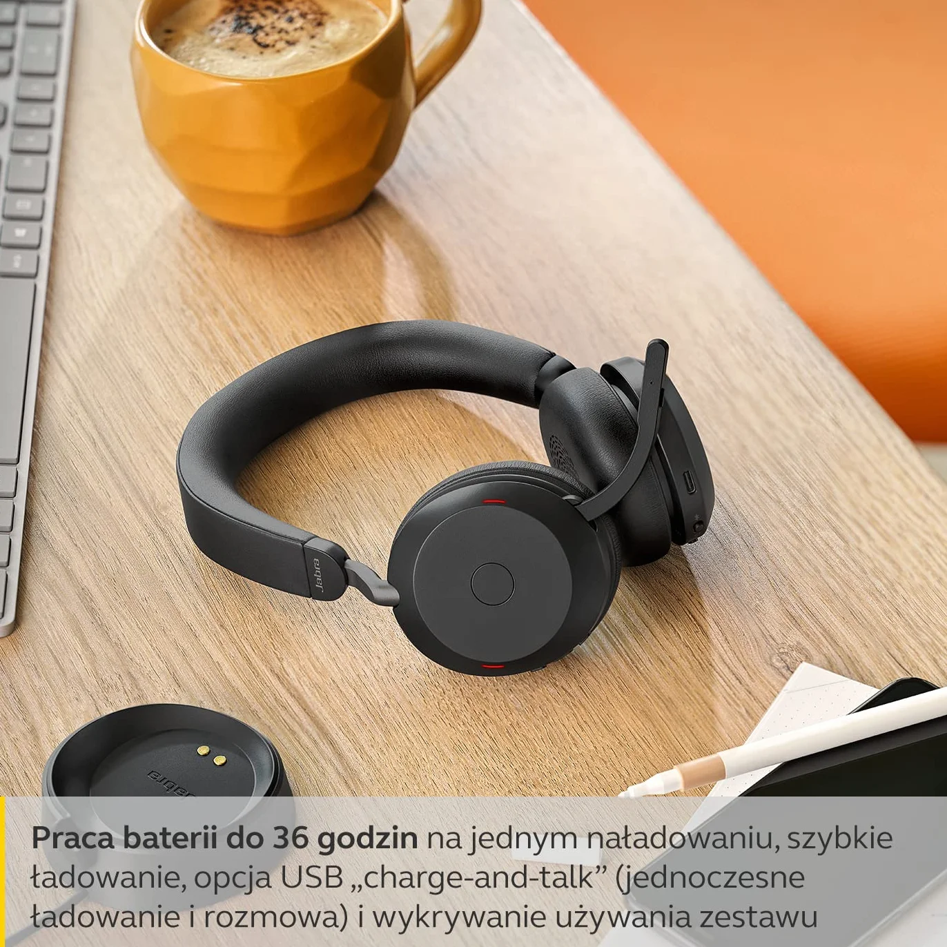 Jabra Evolve2 75 Wireless PC Headset z technologią 8-mikrofonową, podwójną pianką, aktywną redukcją szumów, adapterem Bluetooth USB-A, kompatybilny z UC - Czarny