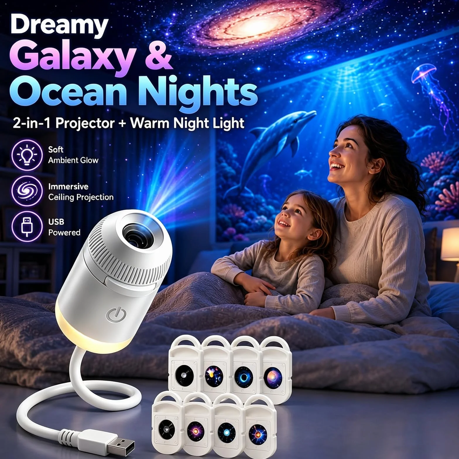 LMIX Galaxy, projektor nocny, 2 w 1, holograficzna gwiazda 5D, projektor Plug and Play, HD, gwiazda, inteligentne, dynamiczne projektory sufitowe, lampa 360°, kosmiczne gwiaździste niebo, projekcja