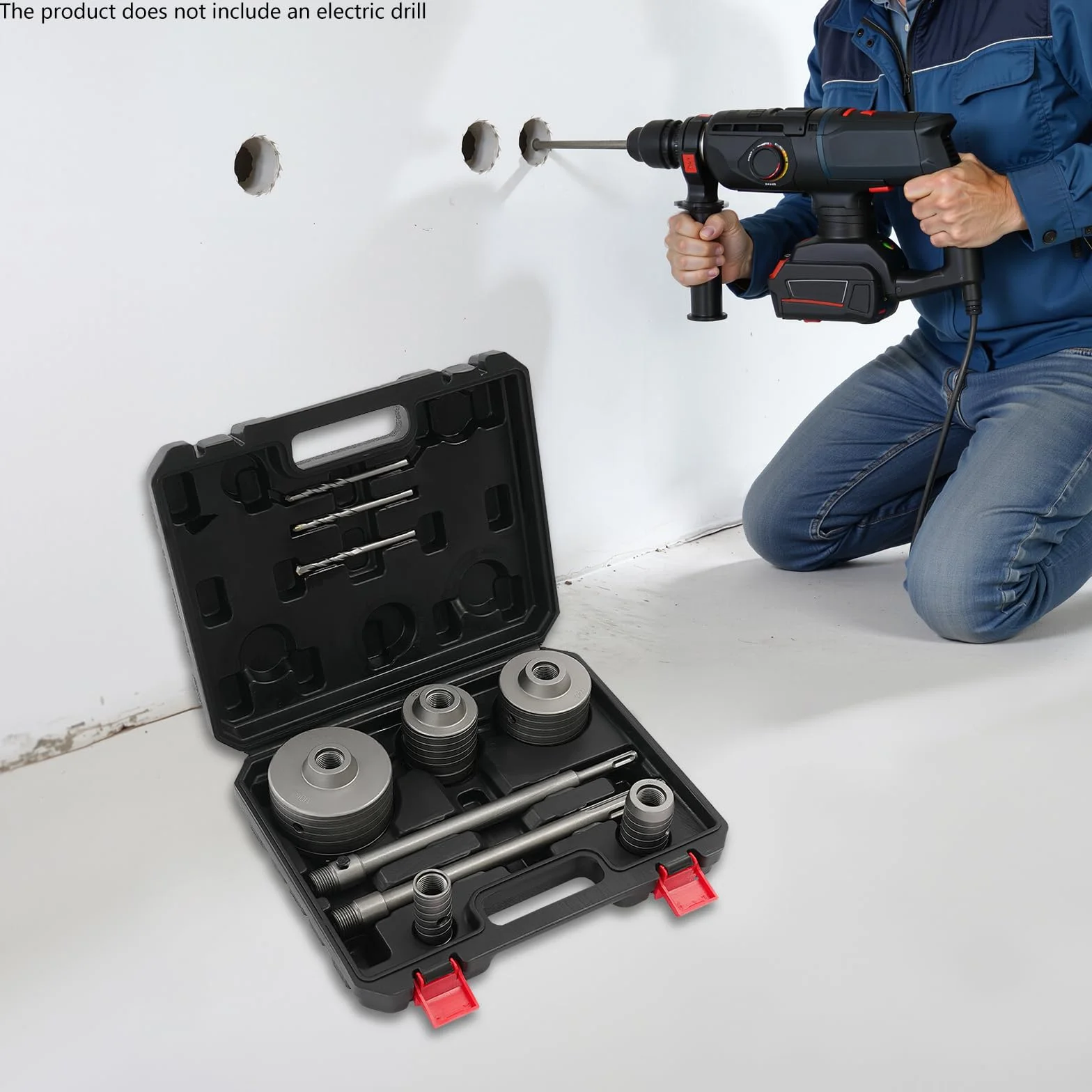 Zestaw wierteł do otworów – Ø 30/40/68/80/100 mm + Ø 8 x 110 mm wiertło centrujące + trzpień SDS Plus i Max 300 mm, w walizce na narzędzia, wiertło ścienne do betonu, do cegły, gliny, pianki i ścian