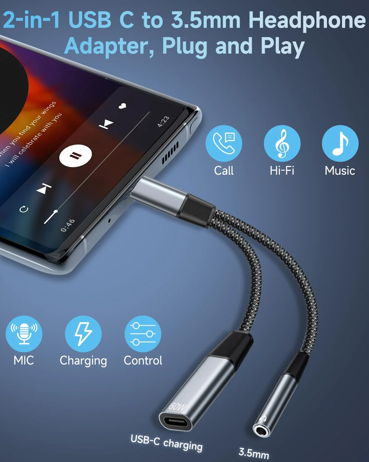 Adapter słuchawkowy i ładowarka USB C do 3,5 mm, adapter słuchawkowy Aux Audio typu C z kablem do szybkiego ładowania PD 60 W dla iPhone'a 17 16 15, iPada Air/Pro, Galaxy S25 S24 S23 S22, Pixel