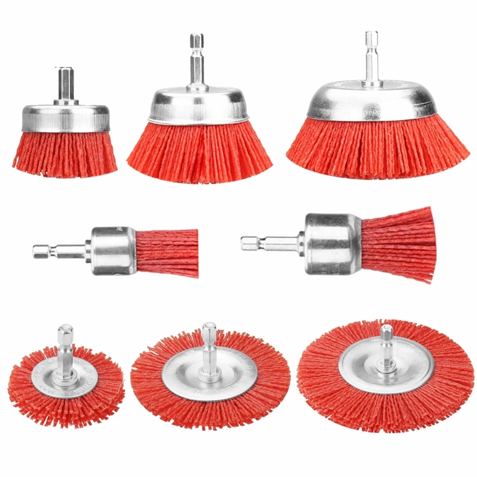Nasadki szczotkowe do wiertarek, Szczotka druciana garnkowa, materiał ścierny z czerwonego nylonu, 20-100 mm, trzpień 1/4, stal węglowa(8Pc mix)