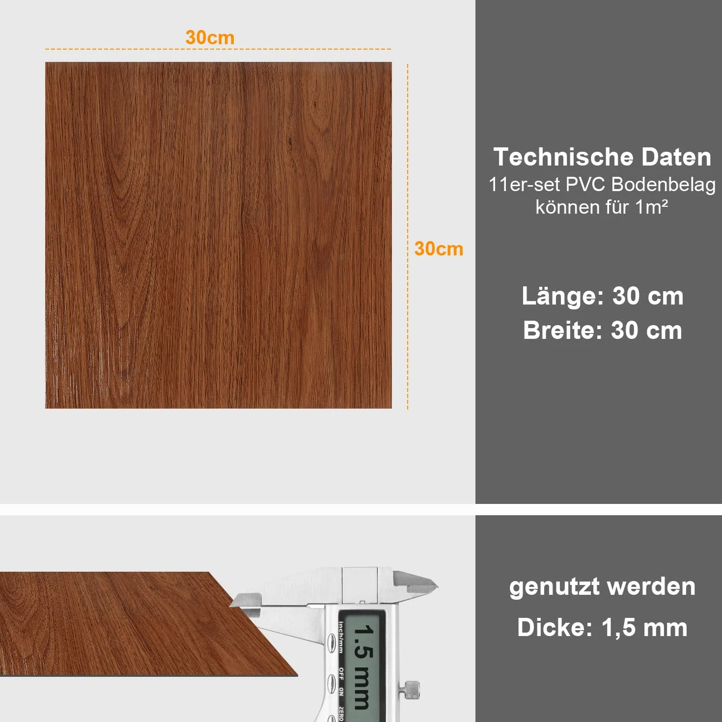 Sonnewelt Wykładzina podłogowa z PCW, samoprzylepna, ok. 5 m², 55 płytek, podłoga winylowa, antypoślizgowa, wodoodporna, 30 x 30 cm, laminat, deski winylowe, do ogrzewania podłogowego, kolor drewna, rysunek słojów drewna