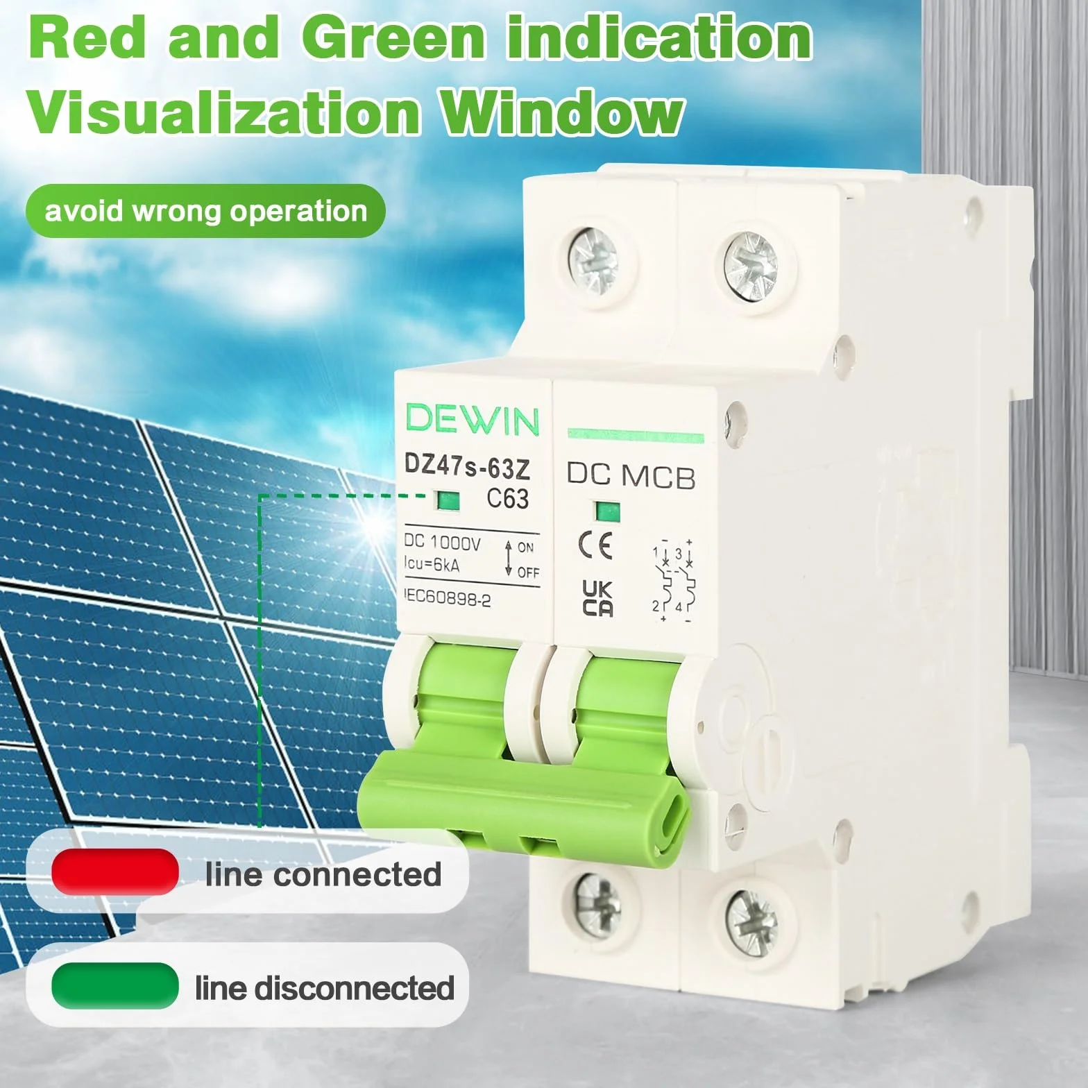 DEWIN Wyłącznik DC, 2P 63A DC1000V fotowoltaiczny miniaturowy wyłącznik przed przeciążeniem do systemu solarnego PV