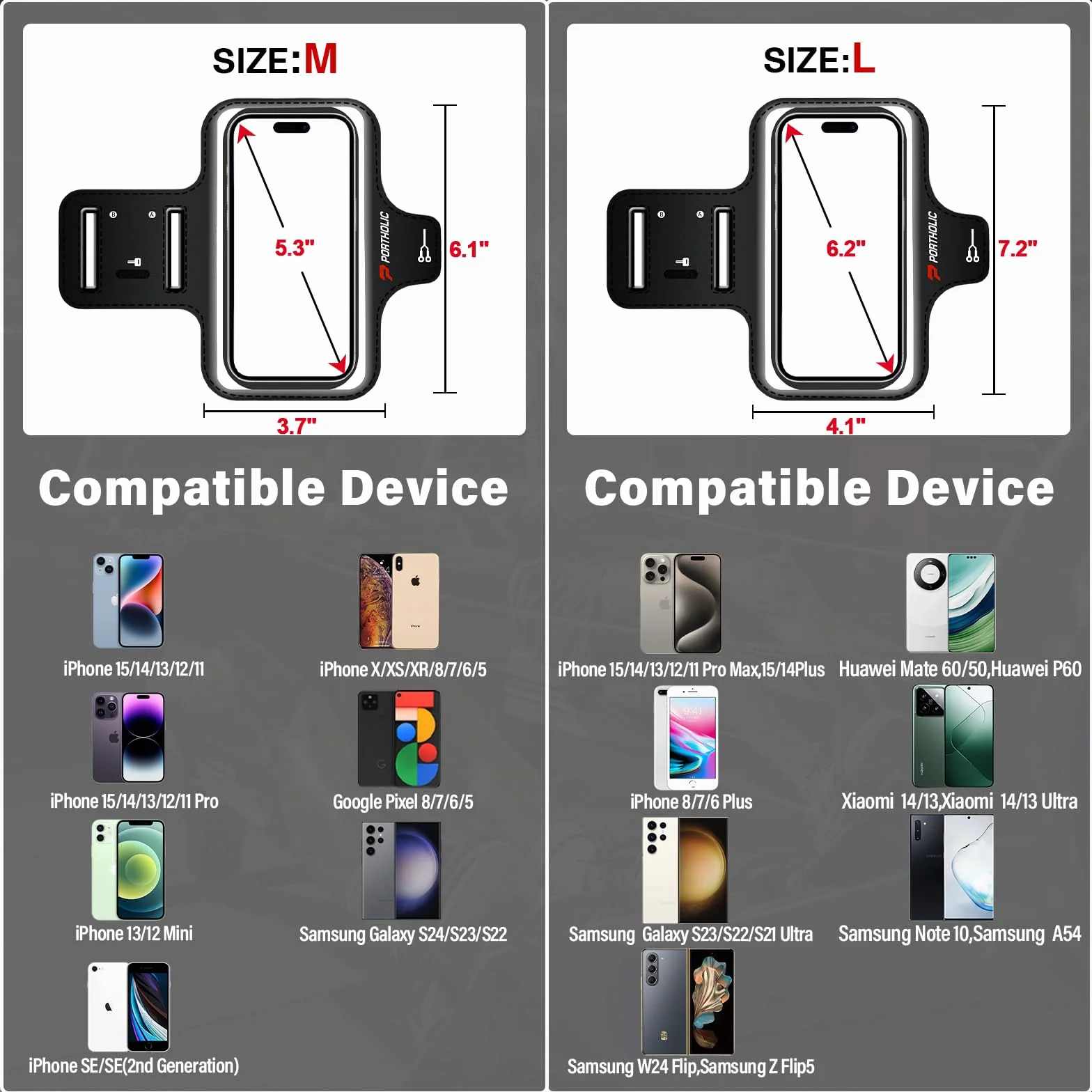 PORTHOLIC Sportowa bransoletka na rękę do iPhone 15/14/13/12/11, Samsung Galaxy S24/S23/S22, Huawei P60/P50, Xiaomi, odporna na pot