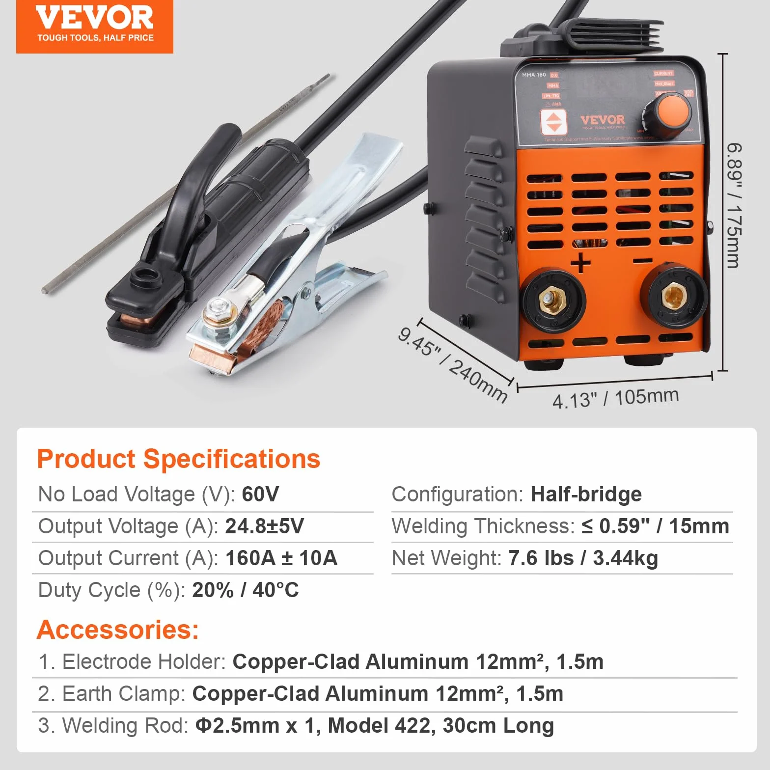 VEVOR 220 V Łuk lutowniczy/120 A z dużym wyświetlaczem LED, przenośna spawarka prętowa 2 w 1 z gorącym rozruchem, 240 x 105 x 175 mm, 20%/40°C