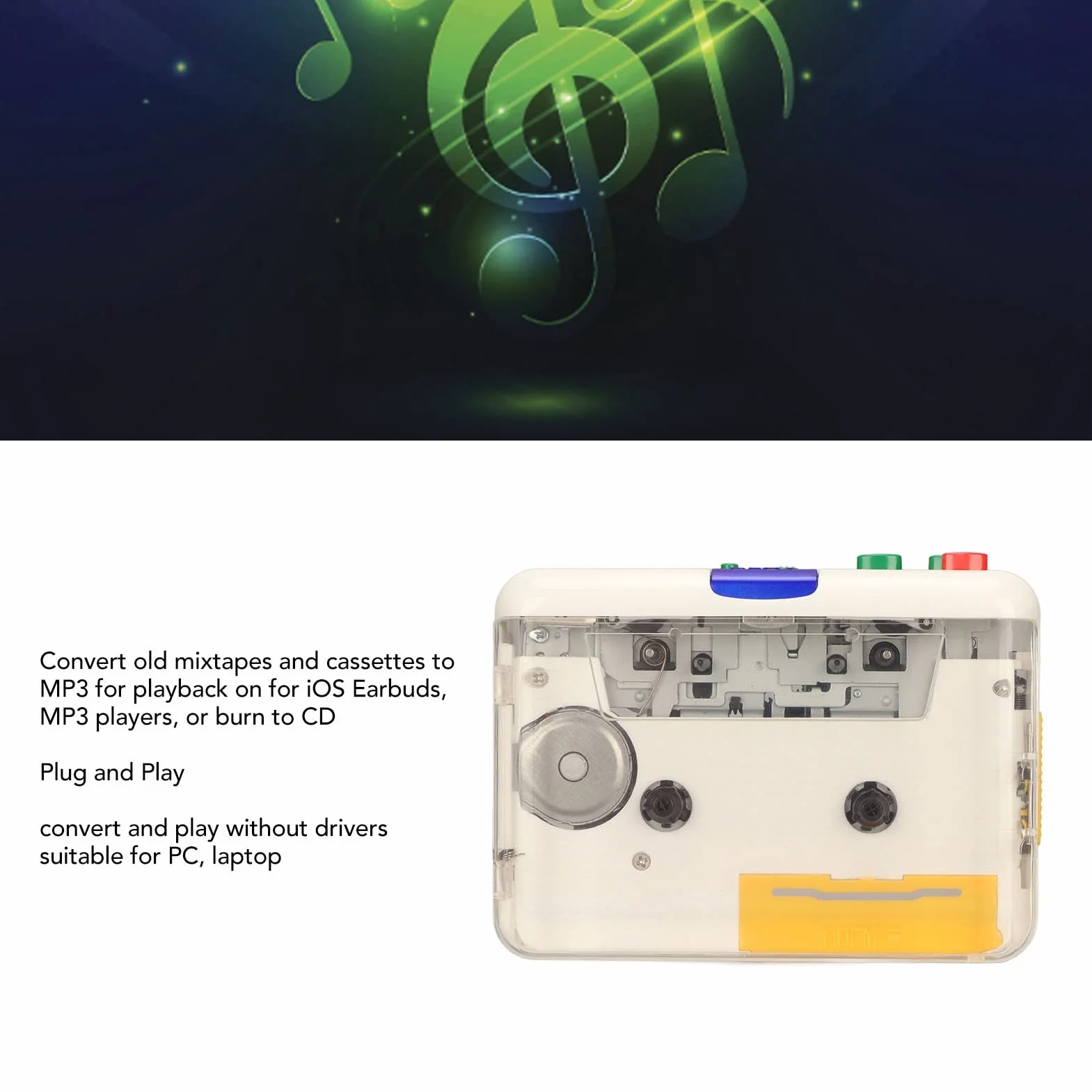 Przenośny konwerter kasety USB na MP3, ładowalny odtwarzacz kasetowy, Plug and Play, słuchawki