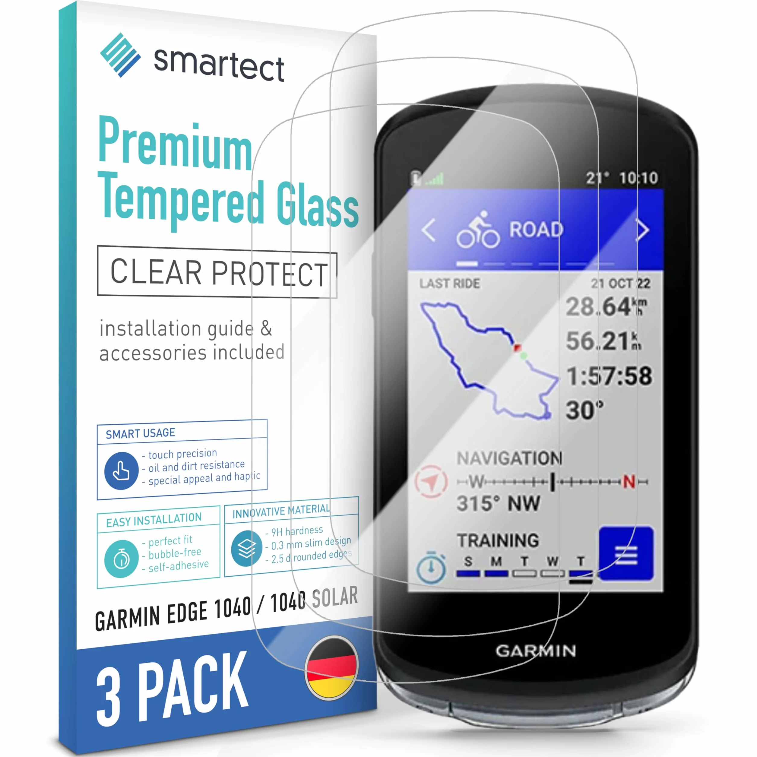 smartect Szkło Hartowane [3 Sztuki, Clear] dla Garmin Edge 1040/1040 Solar, Szklana Ochrona Ekranu 9H, Ochraniacz Ekranu bez Pęcherzyków, Bez Odcisków palców