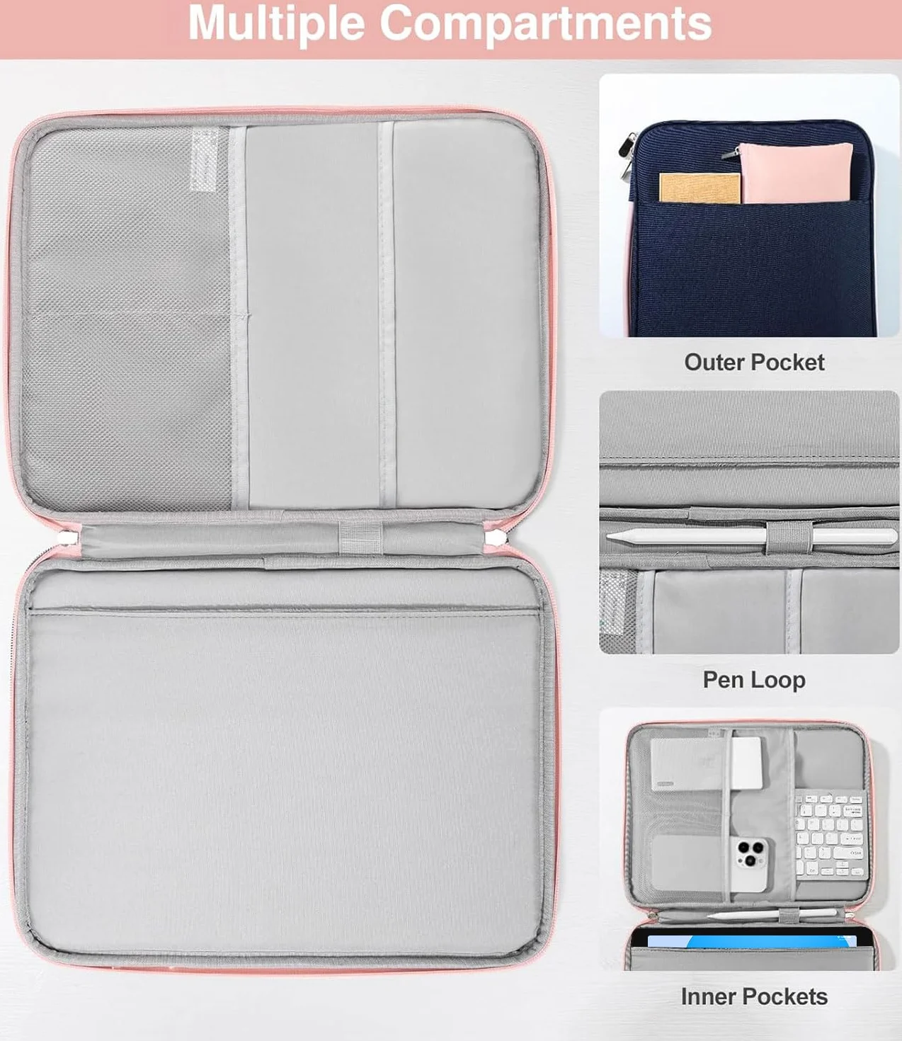 Dadanism Tablet Sleeve Organizer Carrying Case with Handle for iPad 10th Gen 10.9", iPad A16 11" 2025, iPad 9/8/7th 10.2, iPad Air/Pro 11", iPad Air5/4 10.9, Galaxy Tab A9+ Plus 11", Indigo & Pink