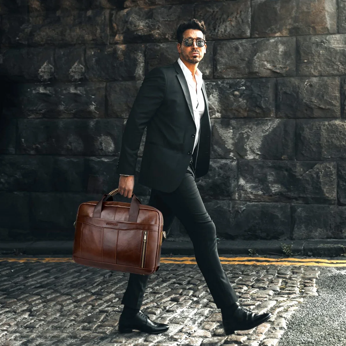 BAGZY Torba na laptopa 15,6 cala, prawdziwa skóra, męska torba biznesowa na ramię