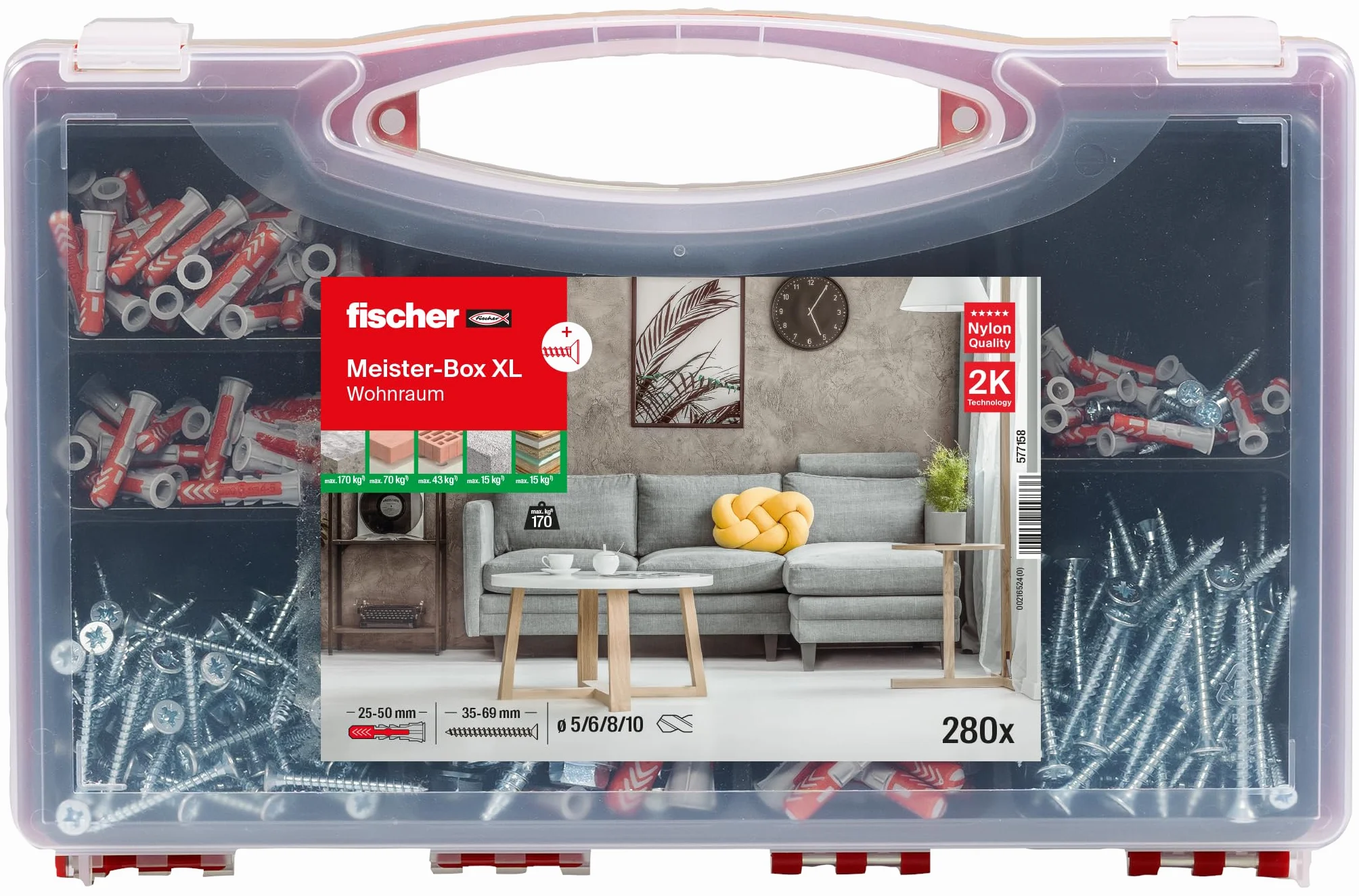 fischer Meister-Box XL 210-częściowy zestaw kołków i śrub, średnica 5-10 mm, dla majsterkowiczów i profesjonalistów, uniwersalne zastosowanie do nieznanych podłoży w pomieszczeniach