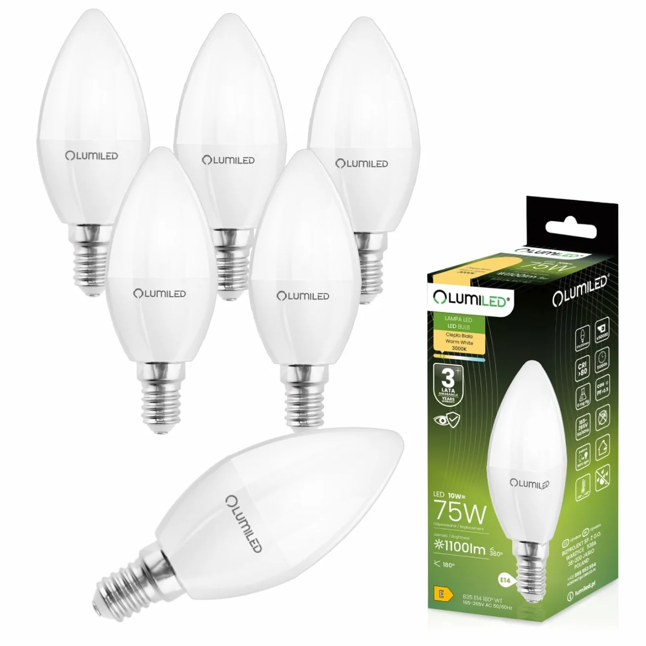 Lumiled żarówka LED E14 B35 10W, zastępuje żarówkę 75W, 230V, 1100lm, 3000K ciepła biel, nie do ściemniania, do żyrandoli i lamp sufitowych – zestaw 6 sztuk