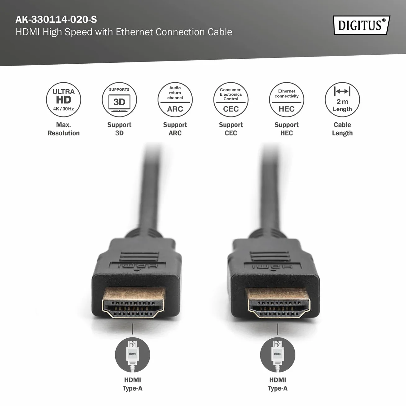 DIGITUS Kabel HDMI 2m UltraHD 4K/30Hz Ethernet pozłacane styki czarny