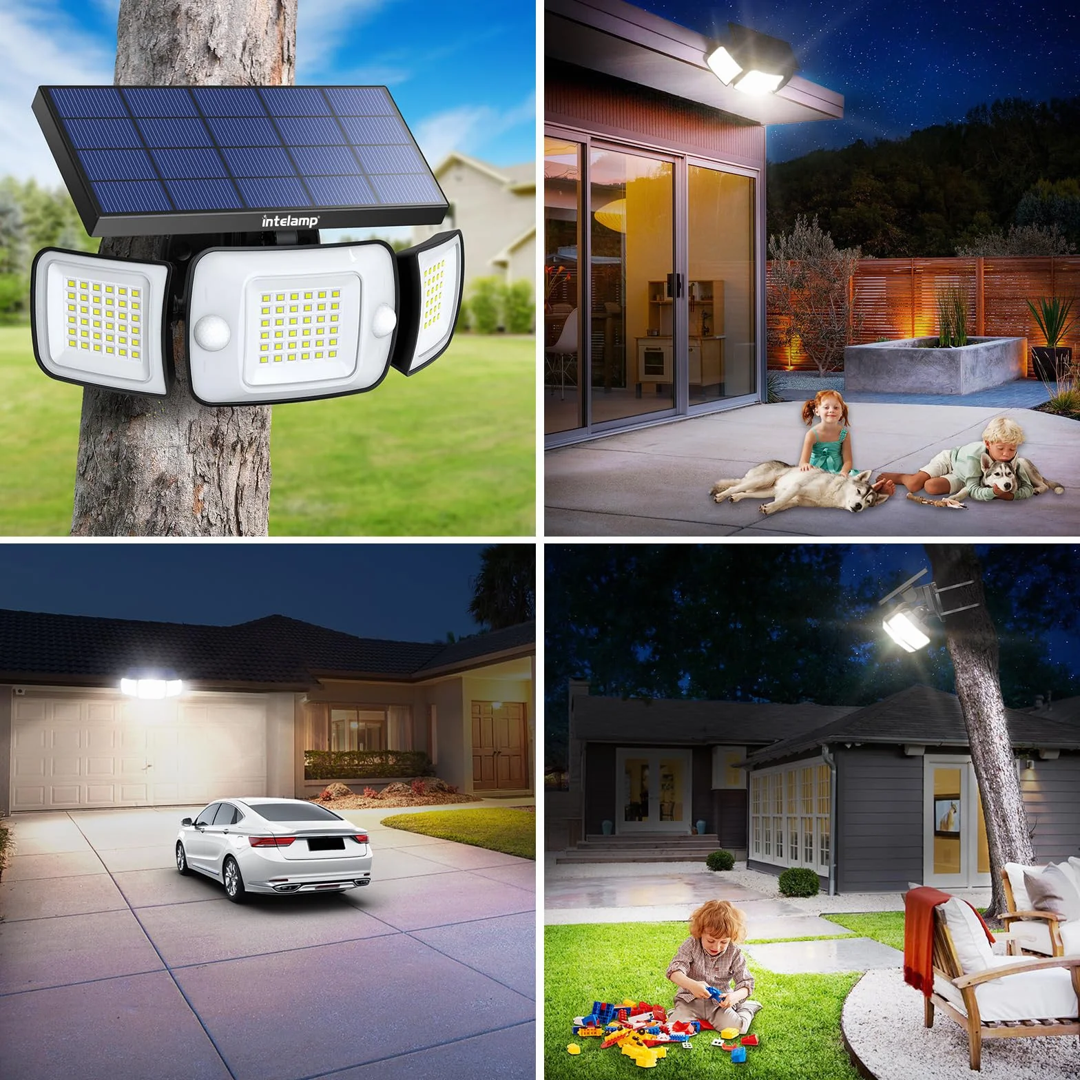 INTELAMP Zewnętrzne lampy solarne z czujnikiem ruchu i pilotem zdalnego sterowania, 6000 mAh, 1200 lumenów, oświetlenie 270°, 4 tryby, lampa ścienna do użytku na zewnątrz