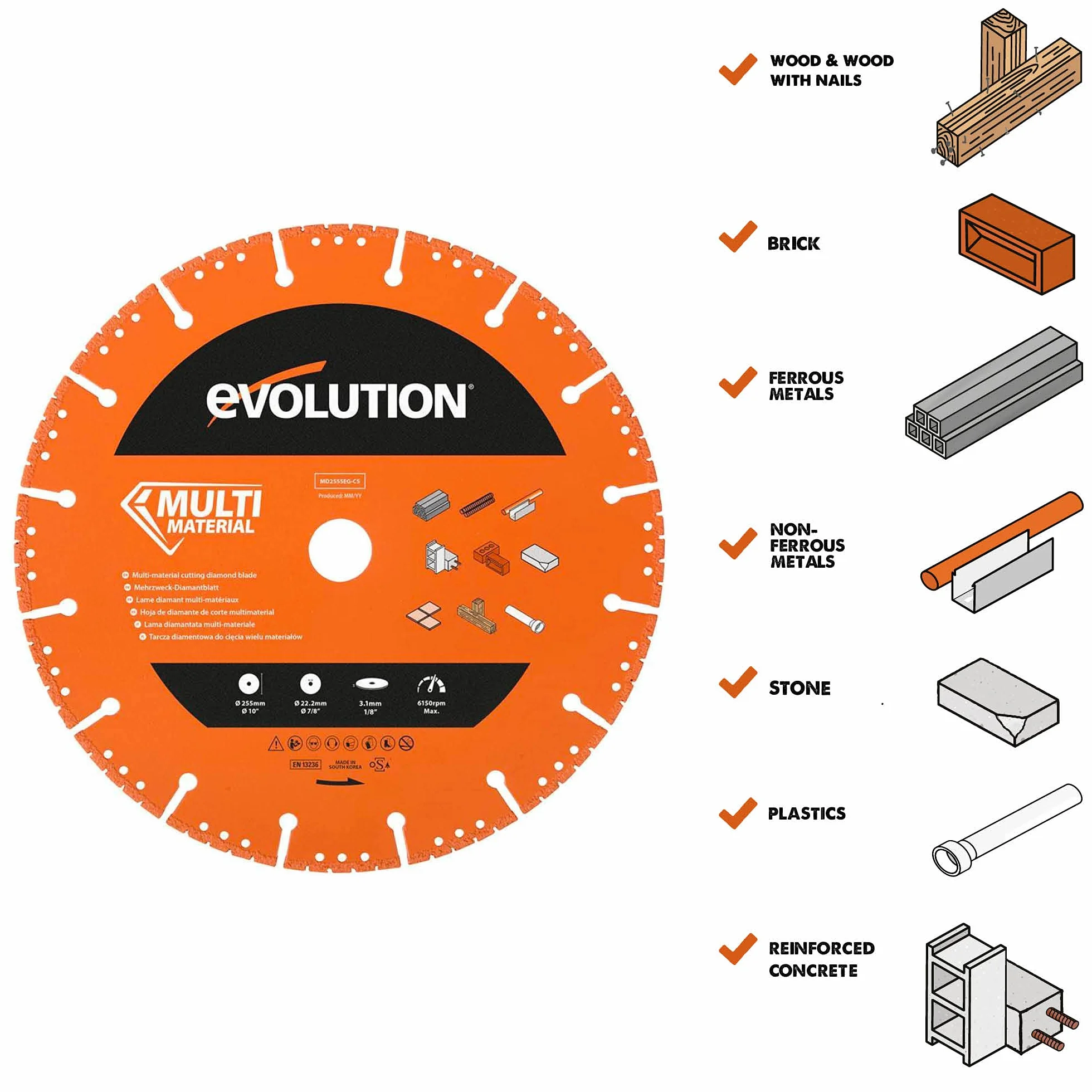 Evolution Power Tools MD255SEG-CS Tarcza diamentowa do różnych materiałów do przecinarki tarczowej/piły do betonu – tnie cegłę, metal, kamień, plastik, beton, drewno, 255 mm