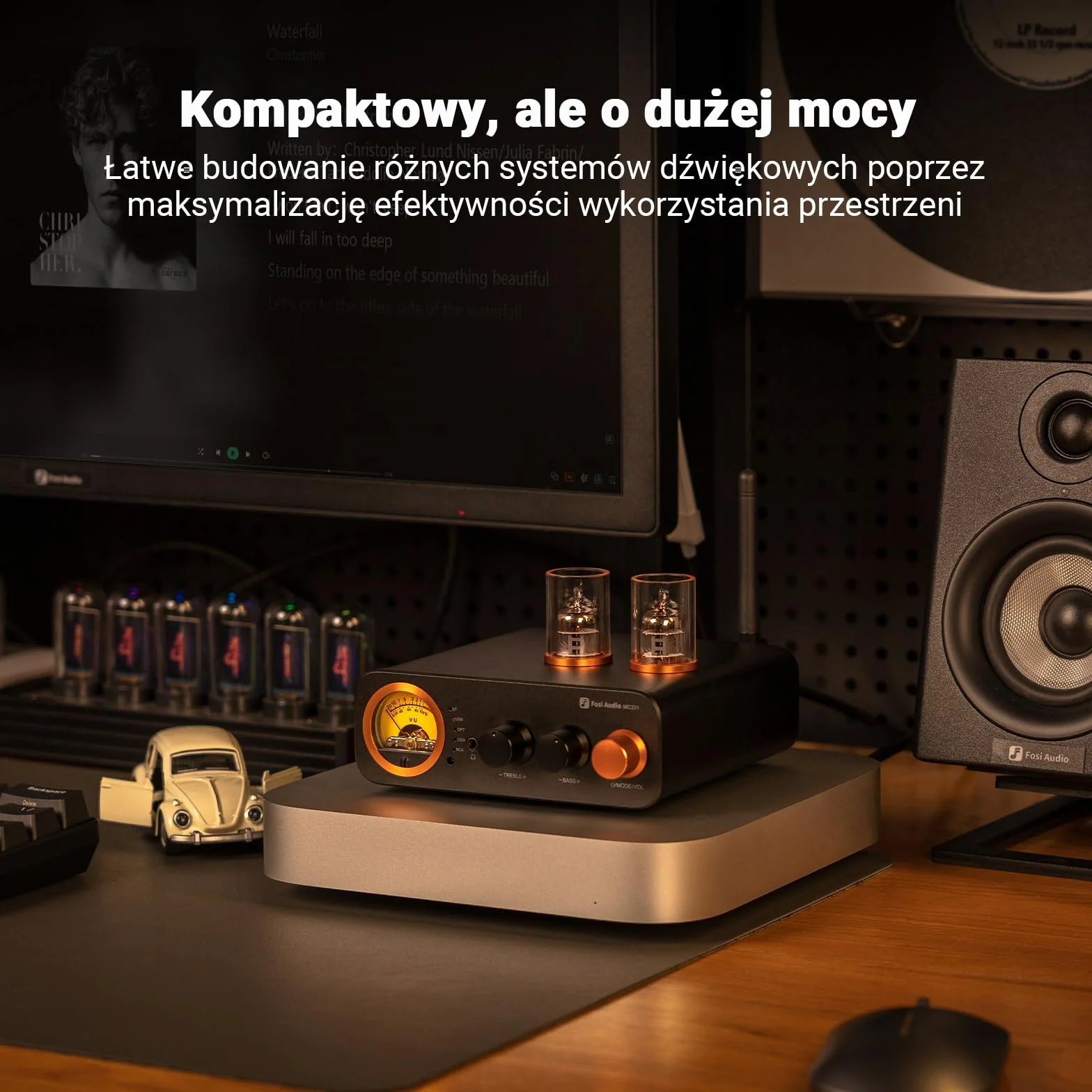 Fosi Audio MC331 Zintegrowany Wzmacniacz lampowy z DAC, 2-kanałowy wzmacniacz mocy do głośników półkowych HiFi/słuchawek 3,5 mm, przedwzmacniacz z miernikiem VU w stylu vintage z Bluetooth