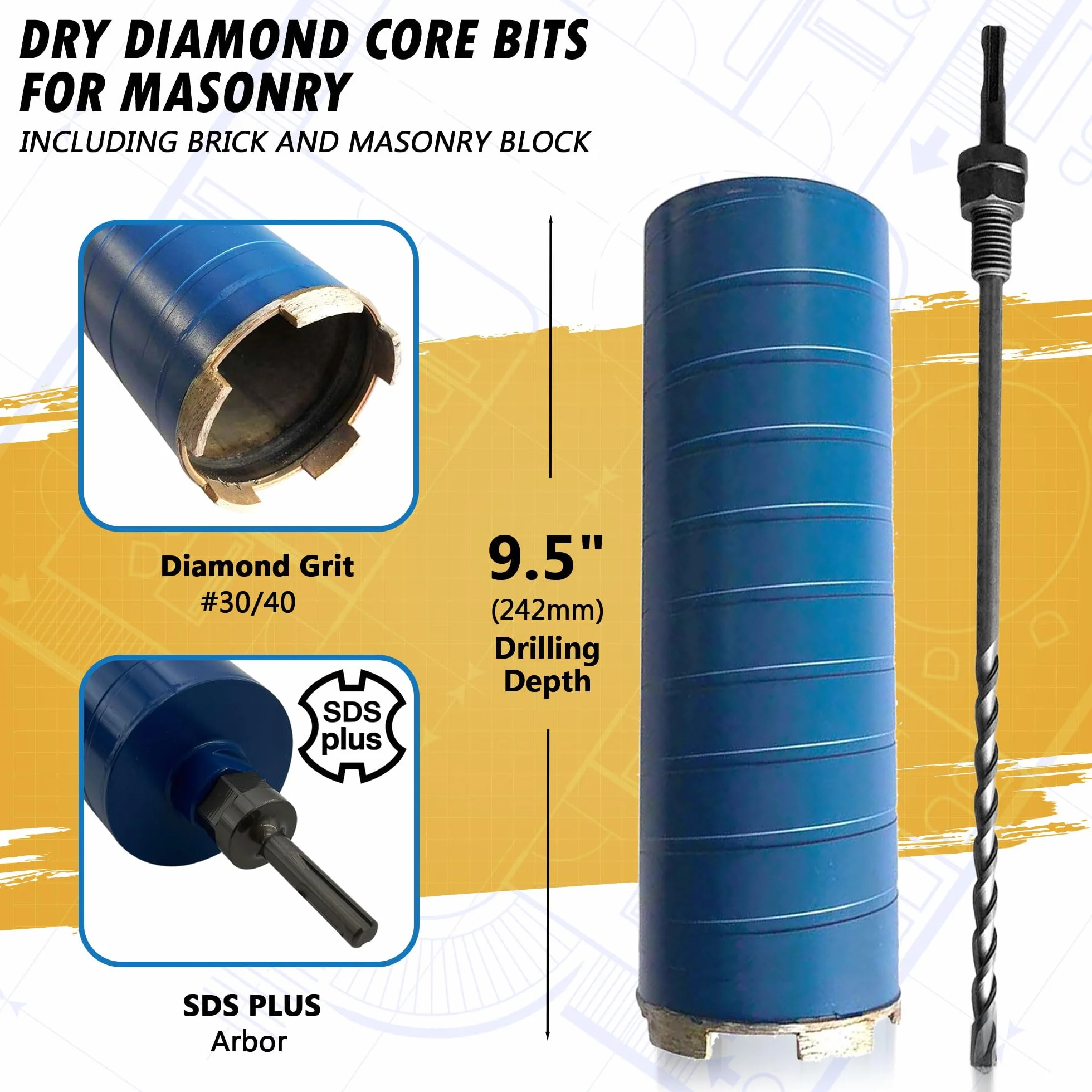 Diamentowy suchy rdzeń do cegieł i bloków z adapterem do bitów pilotowych SDS Plus, głębokość wiercenia 24 cm, trzpień 5/8"-11