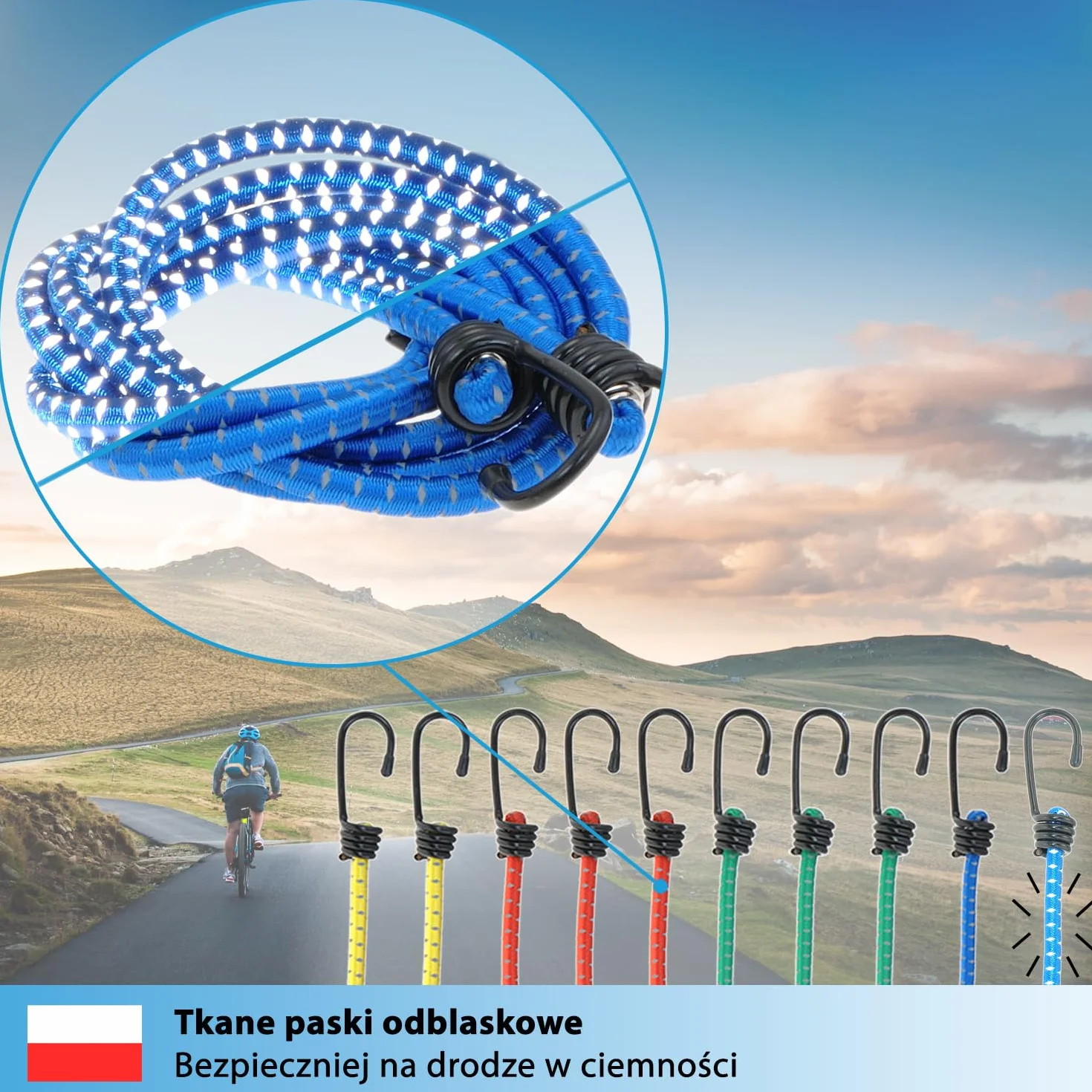 valonic KRAKEN - guma mocująca z hakami - odblaskowa, zestaw 10 sztuk, rozciągliwość 200% - ekspander, napinacz bagażowy do rowerów i bagażników, lina gumowa