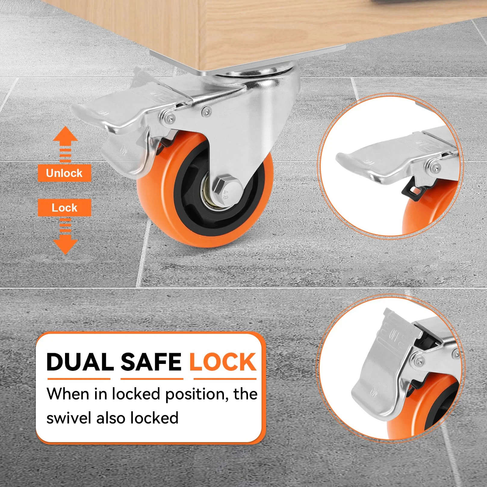 WBD 3-calowe kółka obrotowe z hamulcem, zestaw 8 wytrzymałych kółek talerzowych z podwójną blokadą, wysokiej jakości koła poliuretanowe do mebli i stołów warsztatowych (śruby i klucz)