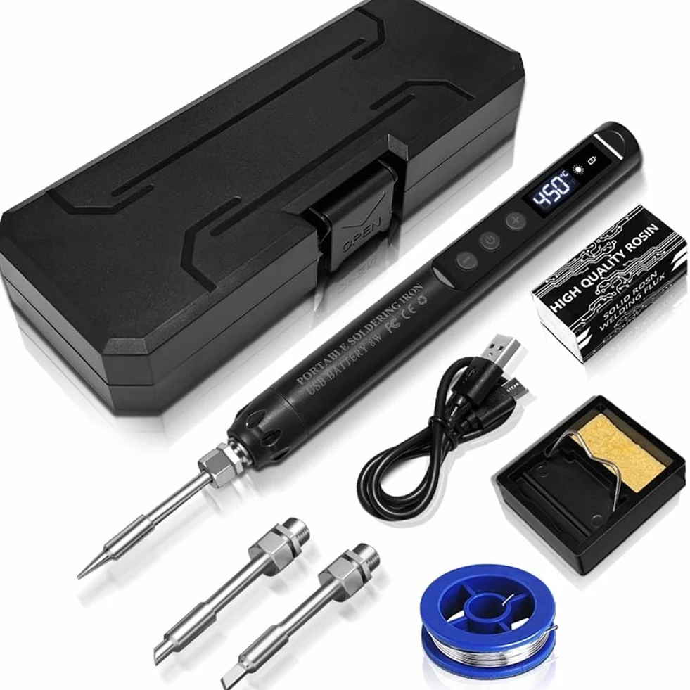 Zestaw lutownicy bezprzewodowej USB C z wyświetlaczem temperatury LCD, regulowanymi ustawieniami ciepła i wymiennymi końcówkami do precyzyjnej elektroniki i pracy jubilerskiej (G)