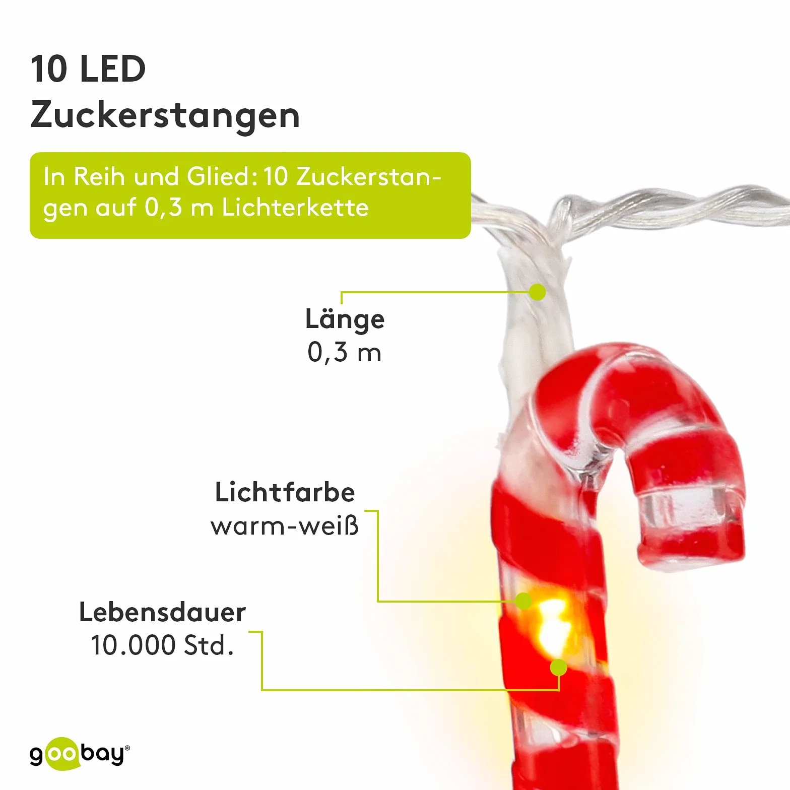 goobay 58117 łańcuch świetlny LED z laskami cukrowymi, 10 sztuk, oświetlenie bożonarodzeniowe, barwa ciepła biała, funkcja timera, czerwony, biały, przezroczysty