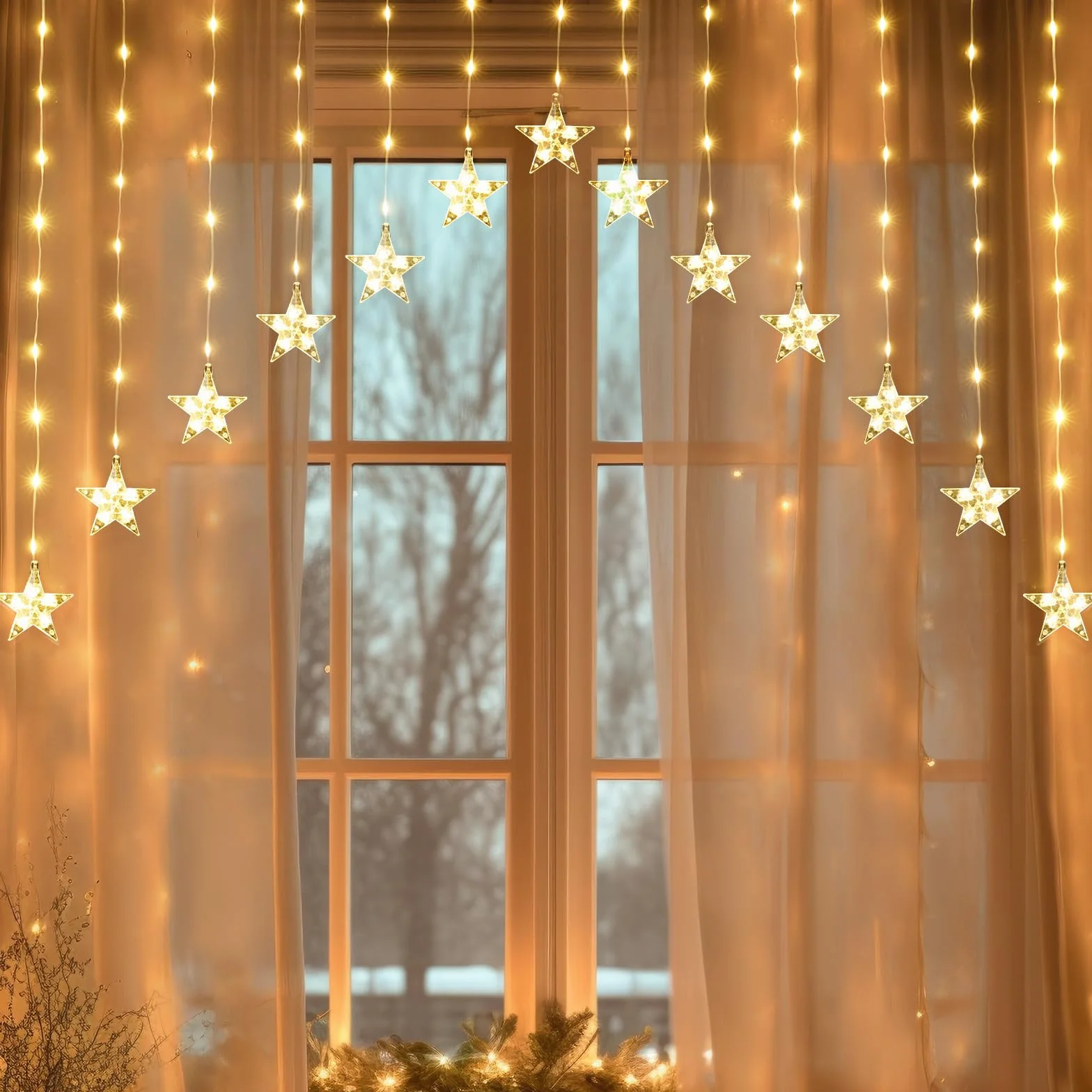 SALCAR Kurtyna świetlna LED, 3 m, 222 diody LED z 16 gwiazdami, łańcuch świetlny LED, dekoracja okienna, gwiazda z timerem, oświetlenie bożonarodzeniowe na Boże Narodzenie, balkon, imprezę, wesele –